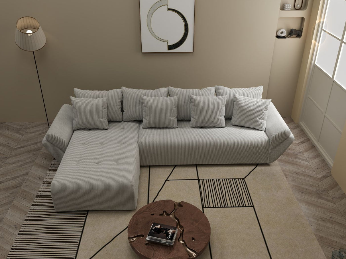 Colțar extensibil dumonde cu ladă de depozitare si sezut confortabil din spuma HR, Berlin XL Zoom Pearl 350x185 cm