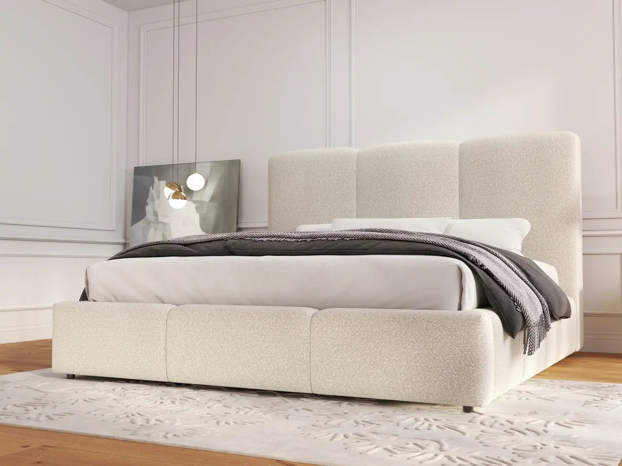 Pat dormitor dumonde, tapitat bej, Dinasty 140x200 cm, somiera rabatabila inclusa, spatiu depozitare WLS