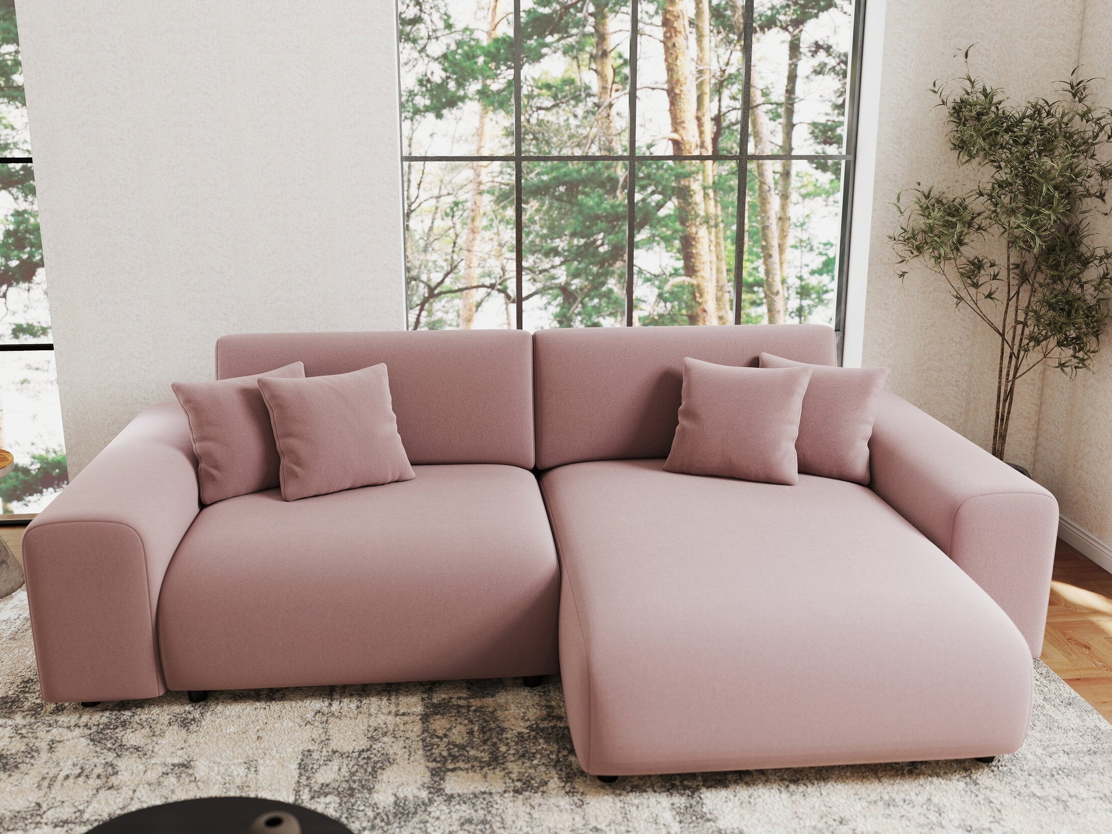 Colțar extensibil dumonde cu ladă de depozitare si sezut confortabil din spuma HR, Sarina Royal Roz 255x168 cm II