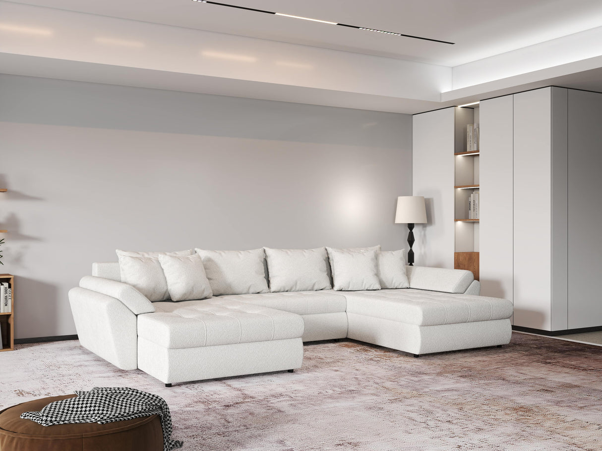 Colțar extensibil dumonde cu ladă de depozitare si sezut confortabil din spuma HR, Loana U Bej Euphoria 355x185 cm Fabrica