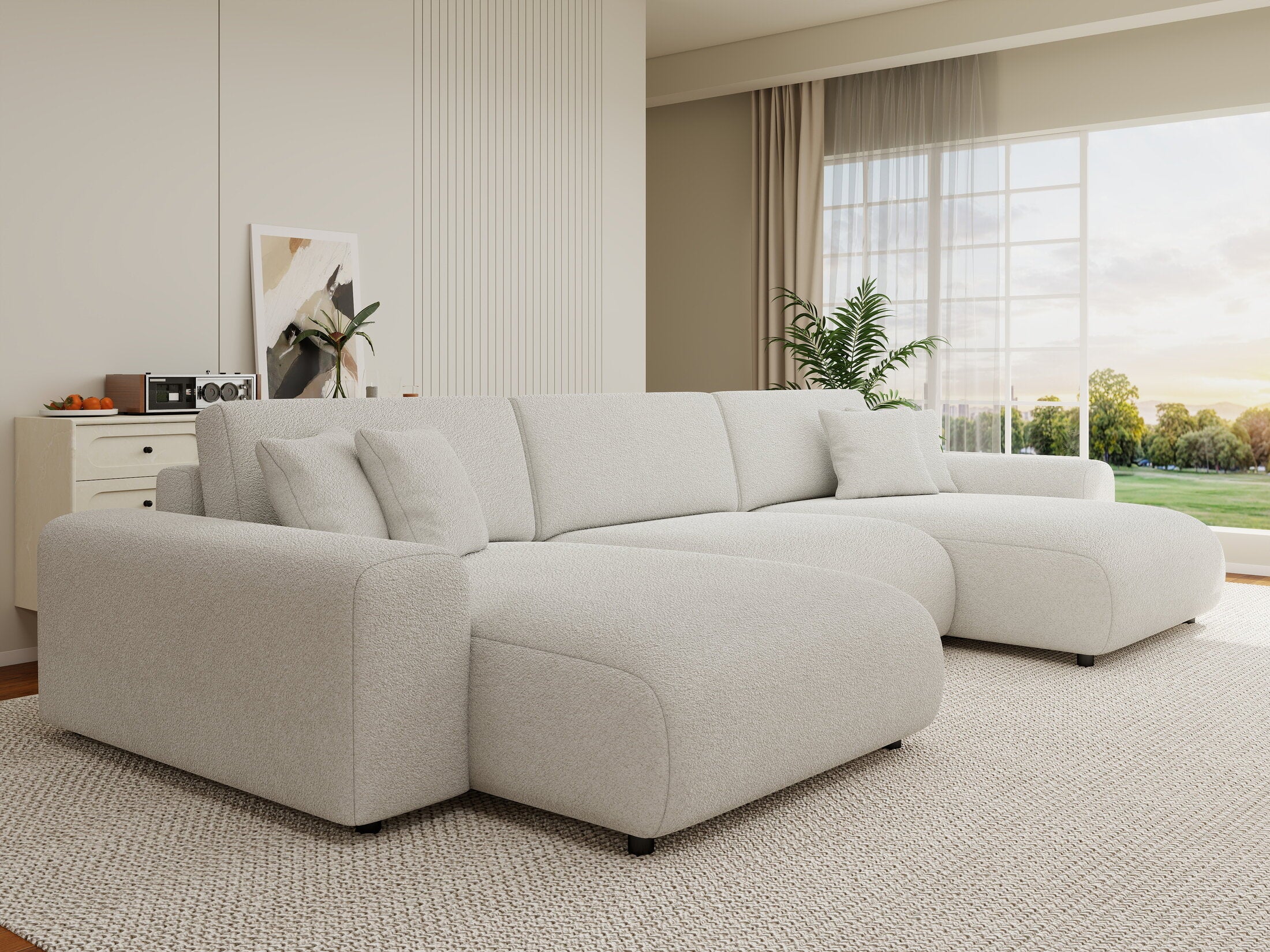 Colțar extensibil dumonde cu ladă de depozitare si sezut confortabil din spuma HR, Sarina U Euphoria Alb 350x168 cm