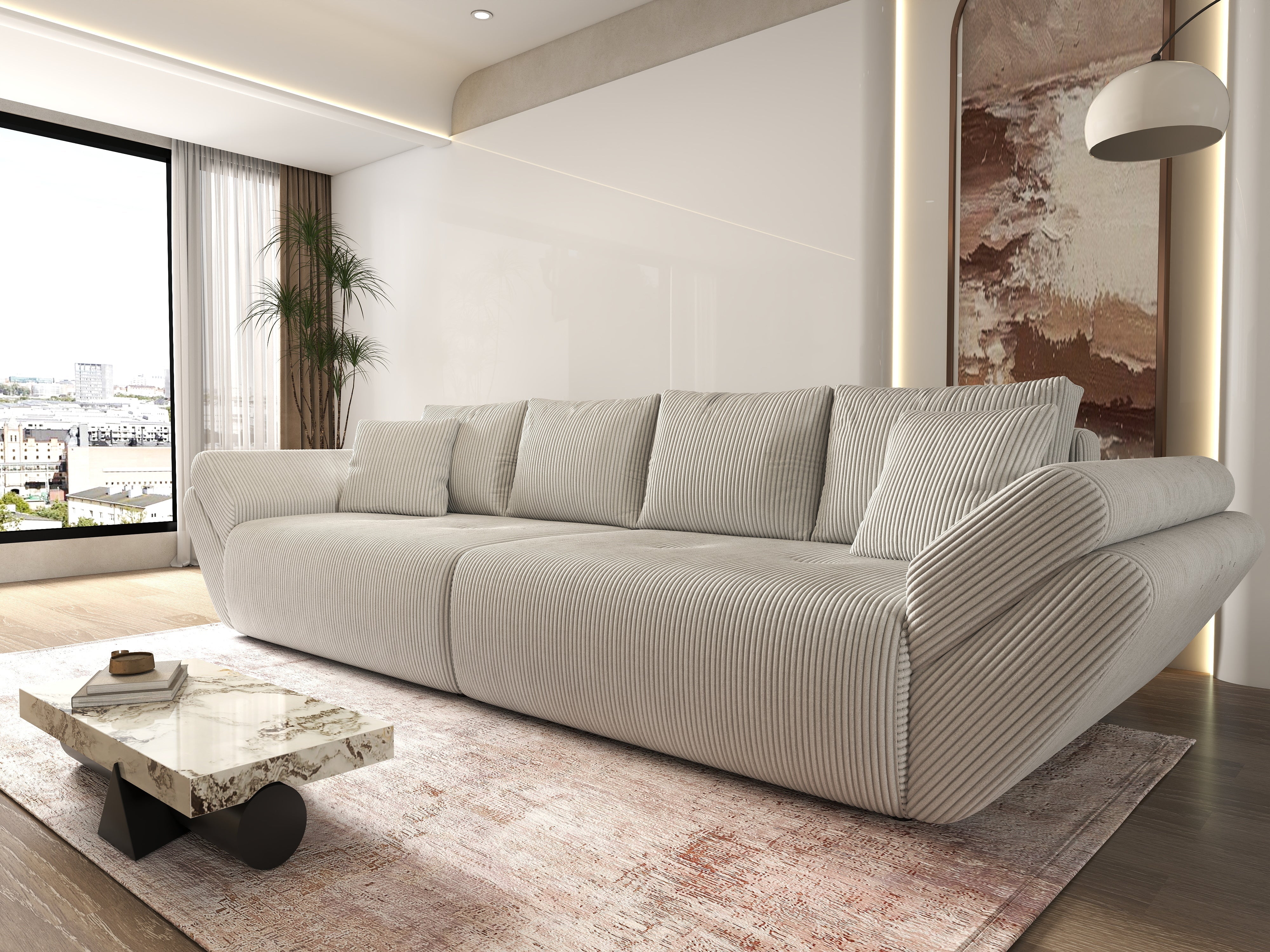 Canapea extensibilă dumonde cu ladă de depozitare si sezut confortabil din spuma HR, Berlin Zoom Bej 300x100 cm Fabrica