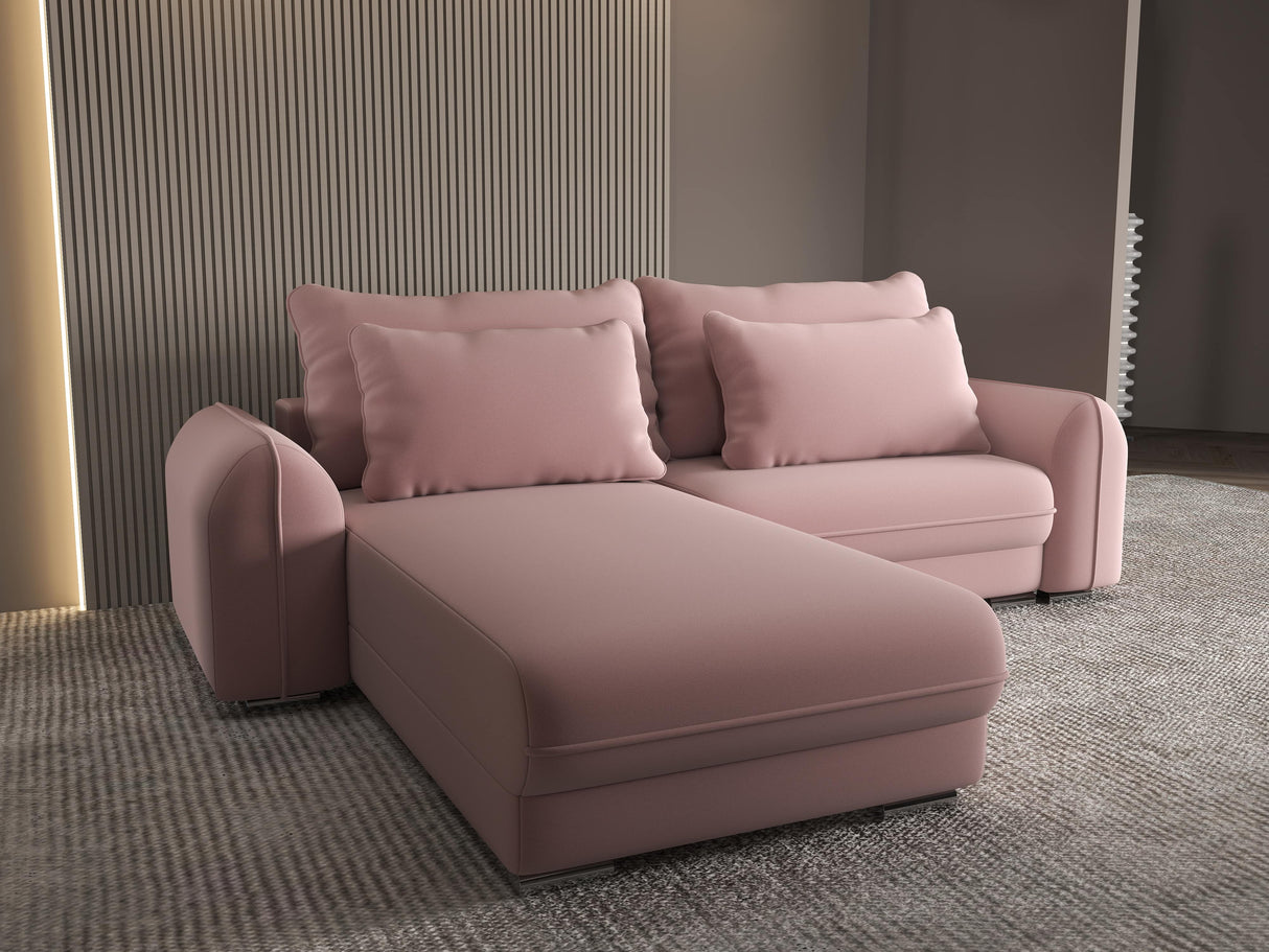 Colțar extensibil dumonde cu ladă de depozitare si sezut confortabil din spuma HR, Denver Royal Roz 275x185 cm Fabrica