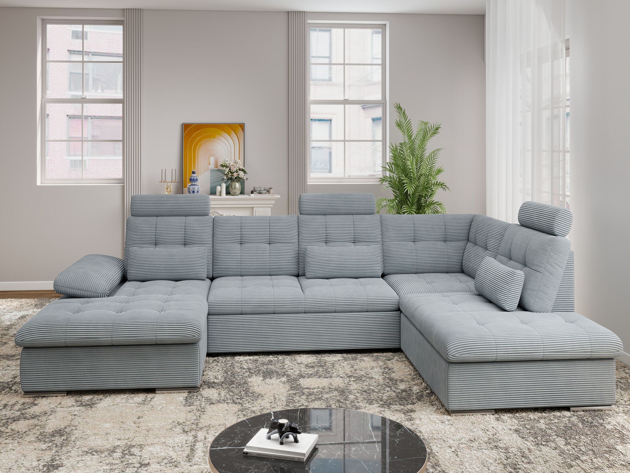 Colțar extensibil dumonde cu ladă de depozitare și șezut confortabil din spumă HR, Merkur U Zoom Gri Mint 324x218 cm