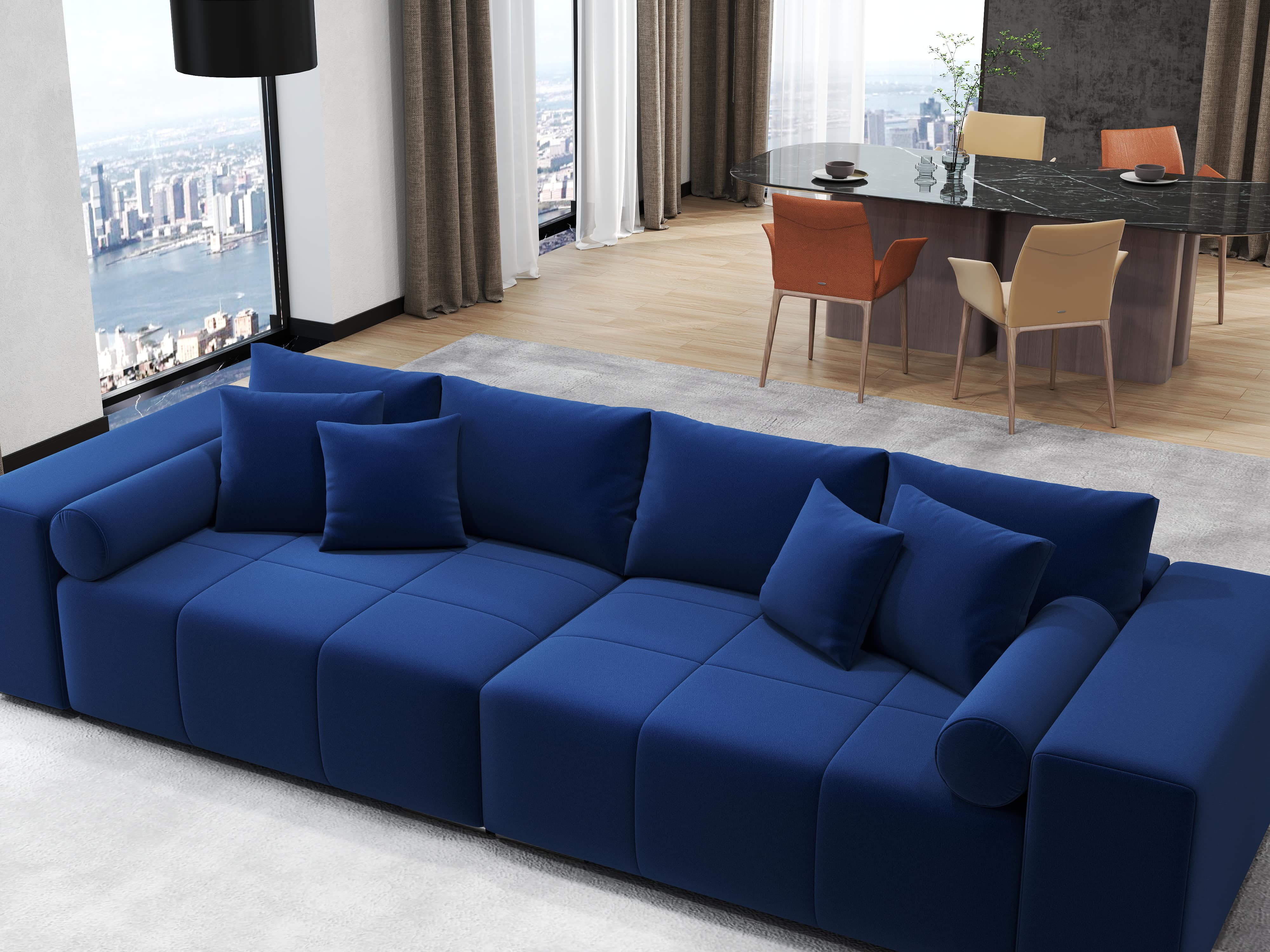 Canapea extensibilă dumonde cu ladă de depozitare si sezut confortabil din spuma HR, Marbela Royal Velvet Albastru XXL 295x100 cm fabrica