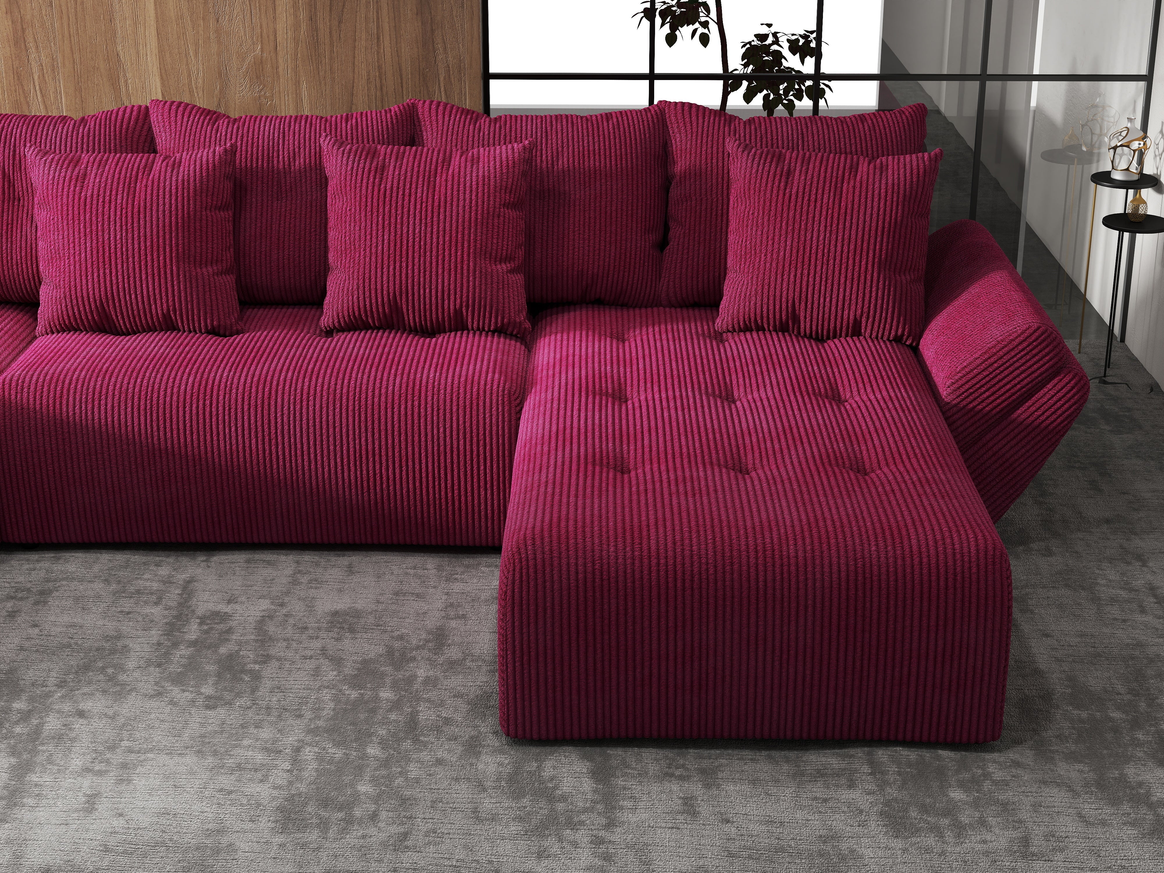 Colțar extensibil dumonde cu ladă de depozitare si sezut confortabil din spuma HR, Berlin U Zoom Bordeaux 380x180 cm Fabrica