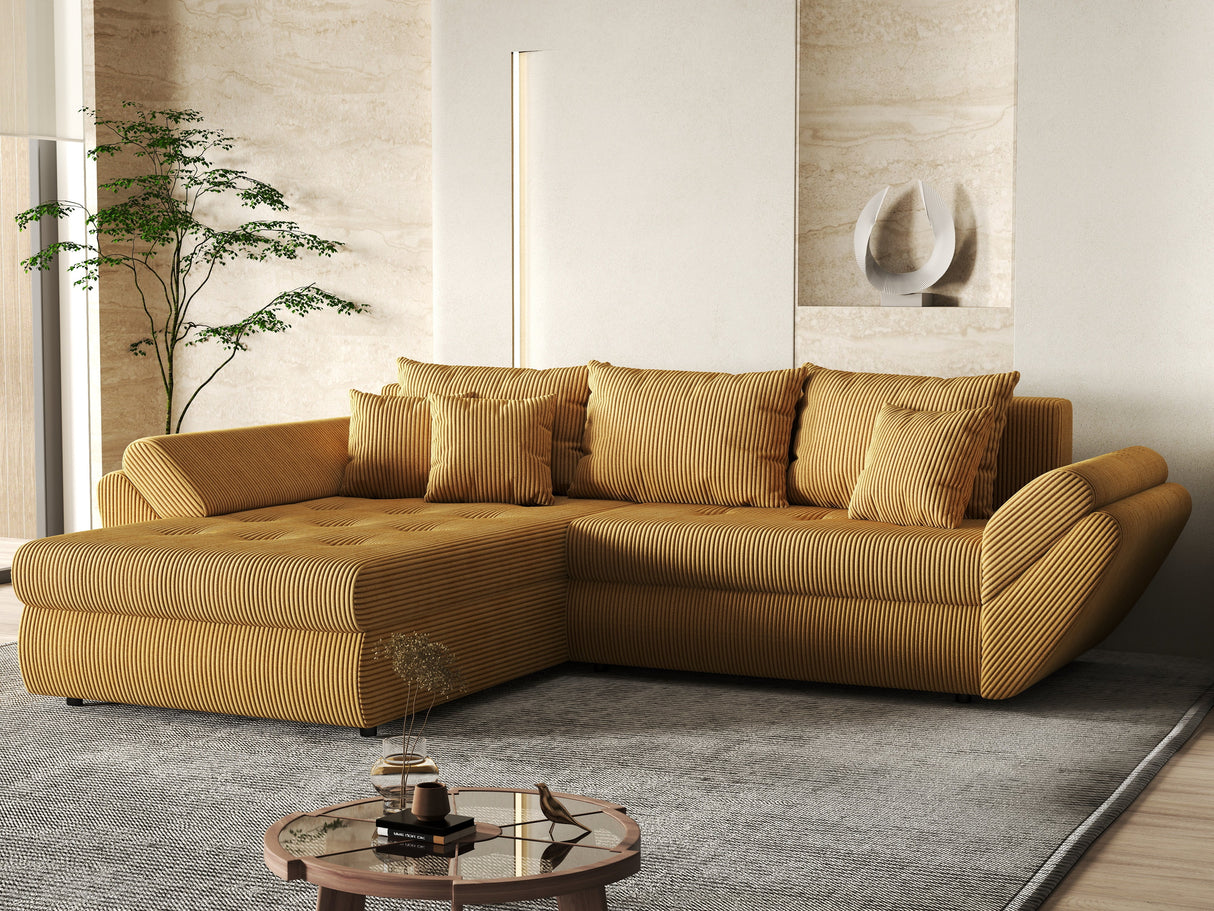 Colțar extensibil dumonde cu ladă de depozitare si sezut confortabil din spuma HR, Loana Mustar Zoom 270x185 cm Fabrica