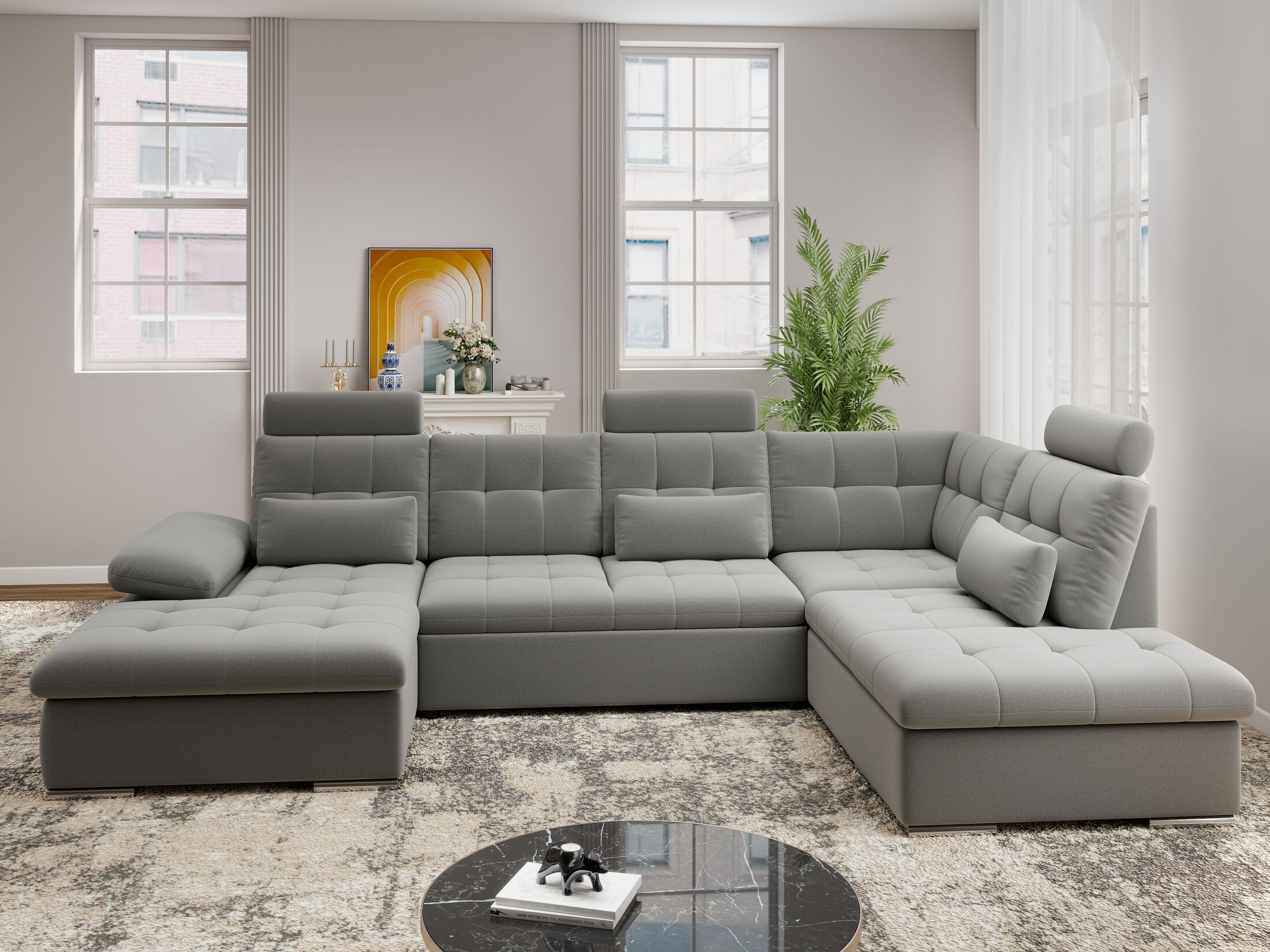 Colțar extensibil dumonde cu ladă de depozitare și șezut confortabil din spumă HR, Merkur U Royal Gri 324x218 cm