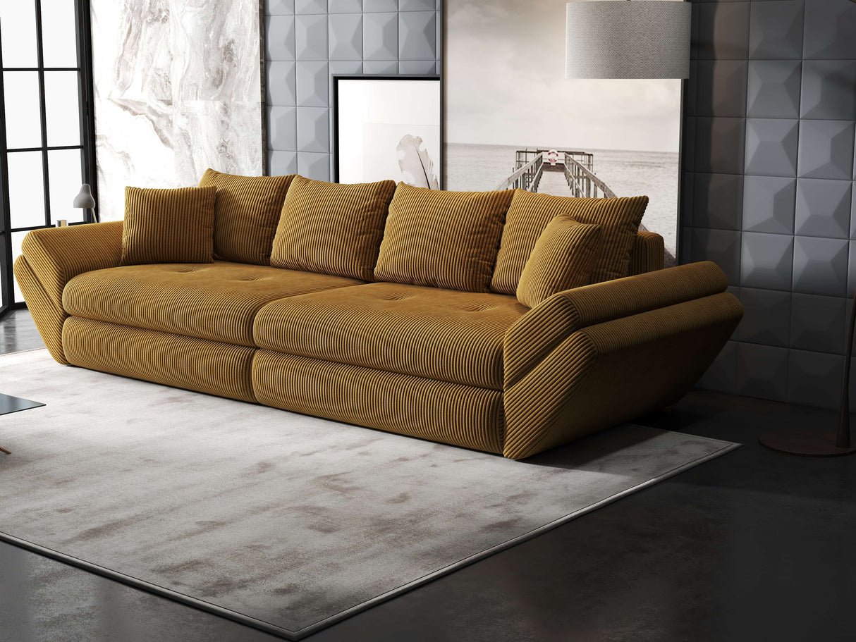 Canapea extensibilă dumonde cu ladă de depozitare si sezut confortabil din spuma HR, Loana Zoom Mustar 300x100 cm Fabrica