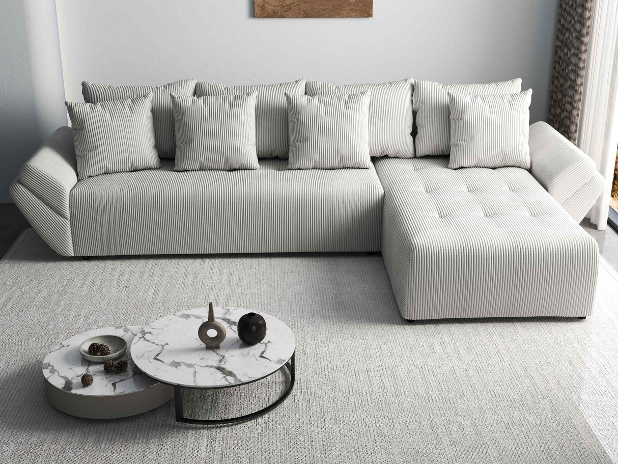 Colțar extensibil dumonde cu ladă de depozitare si sezut confortabil din spuma HR, Berlin XL Zoom Pearl 350x185 cm II Fabrica