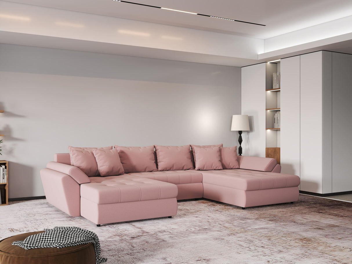 Colțar extensibil dumonde cu ladă de depozitare si sezut confortabil din spuma HR, Loana Royal Roz U 355x185 cm Fabrica