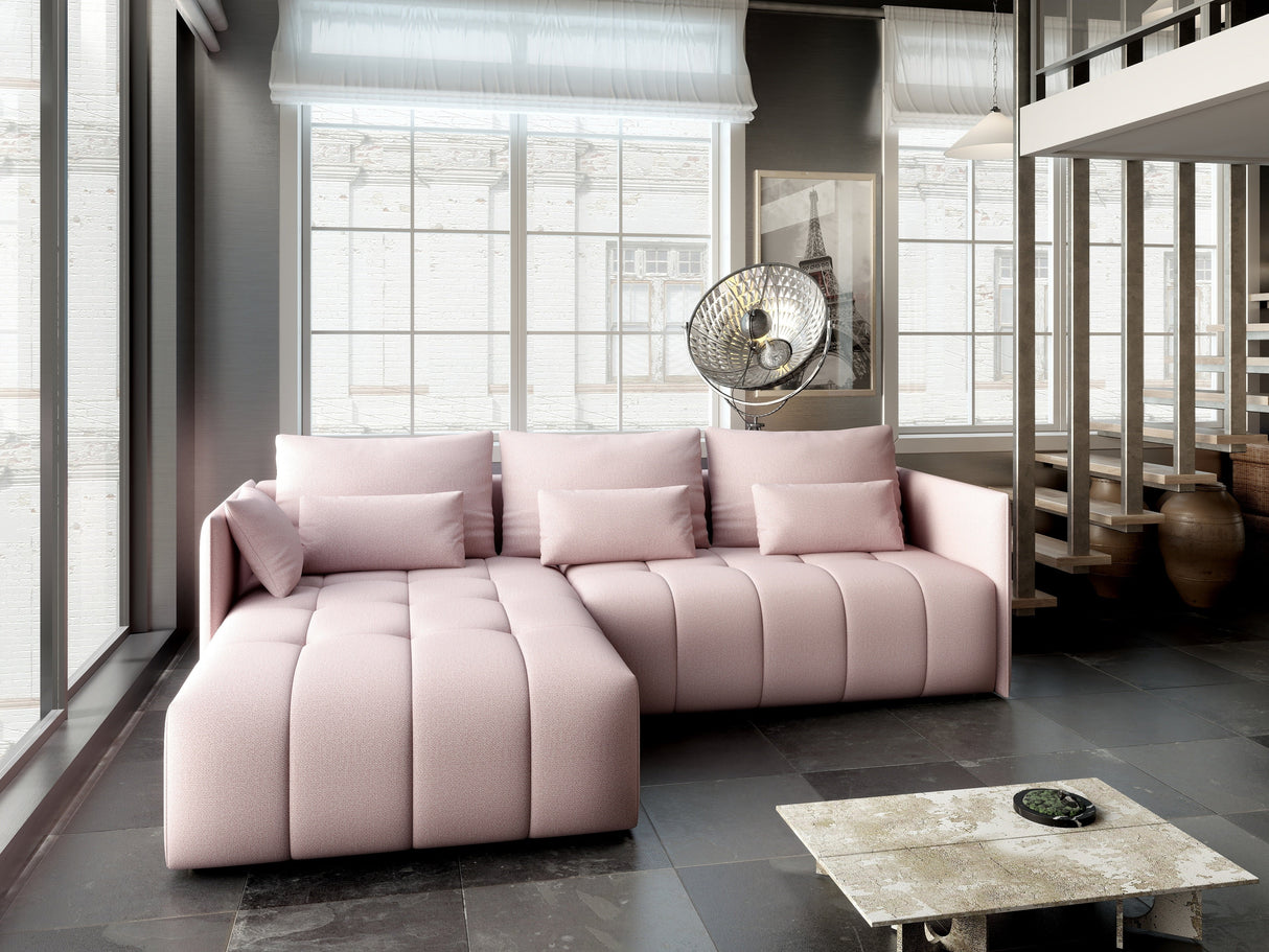 Colțar extensibil dumonde cu ladă de depozitare si sezut confortabil din spuma HR, Malta Rosa 235x185 cm Fabrica