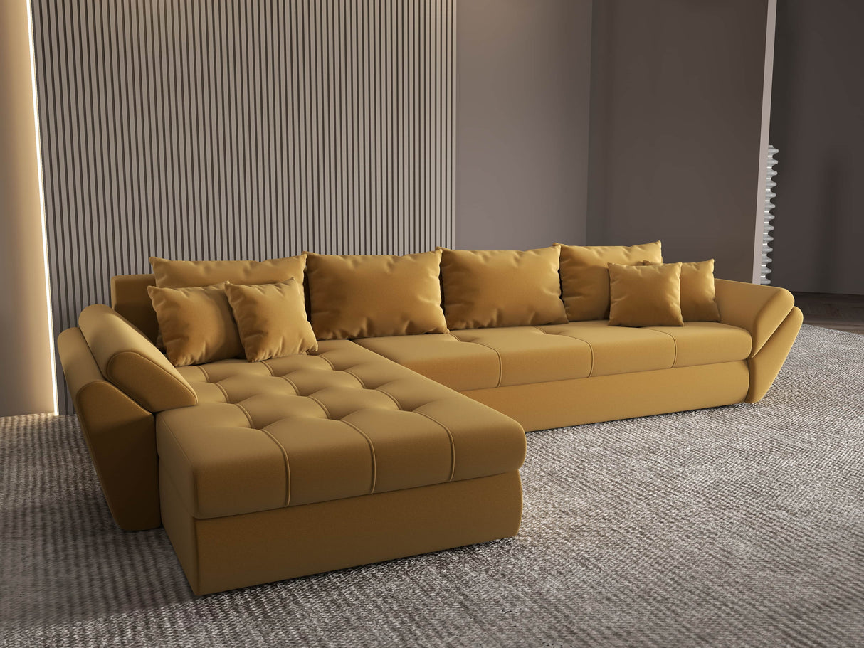 Colțar extensibil dumonde cu ladă de depozitare si sezut confortabil din spuma HR, Loana XL Royal Mustar 335x185 cm Fabrica