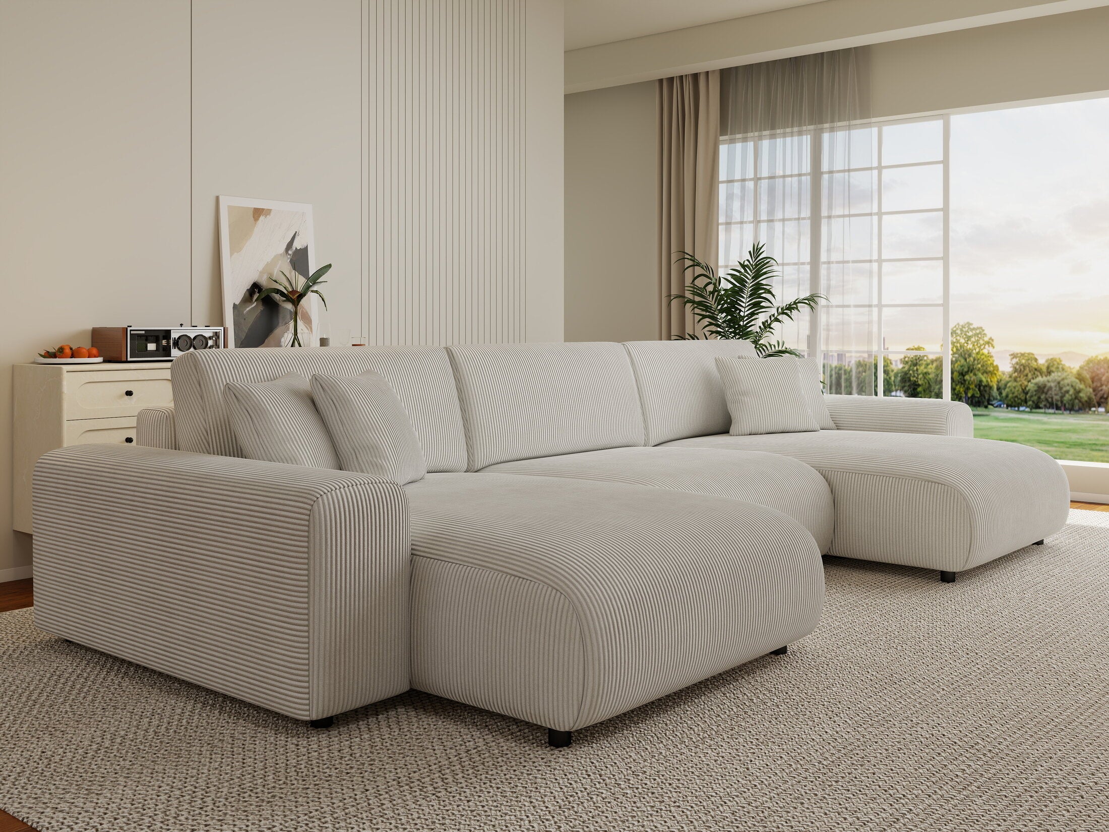 Colțar extensibil dumonde cu ladă de depozitare si sezut confortabil din spuma HR, Sarina U Zoom Gri 350x168 cm