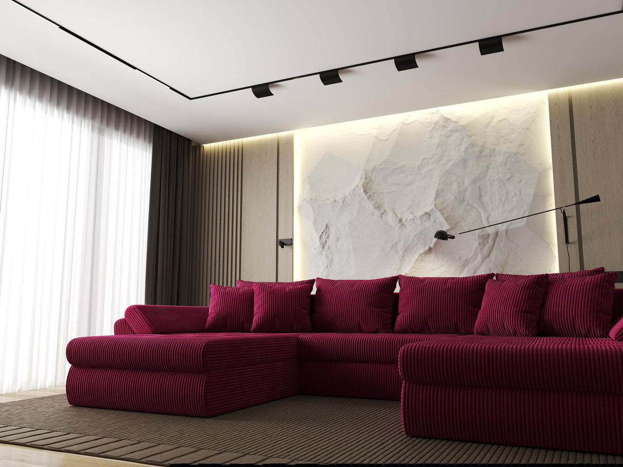 Colțar extensibil dumonde cu ladă de depozitare si sezut confortabil din spuma HR, Loana U Bordeaux Zoom 355x185 cm Fabrica
