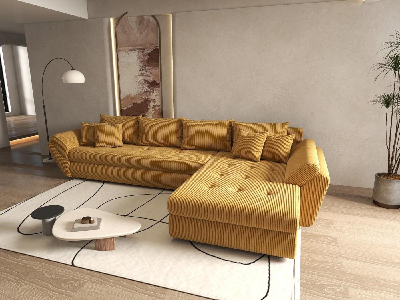 Colțar extensibil dumonde cu ladă de depozitare si sezut confortabil din spuma HR, Loana XL Zoom Mustar II 335x185 cm Fabrica