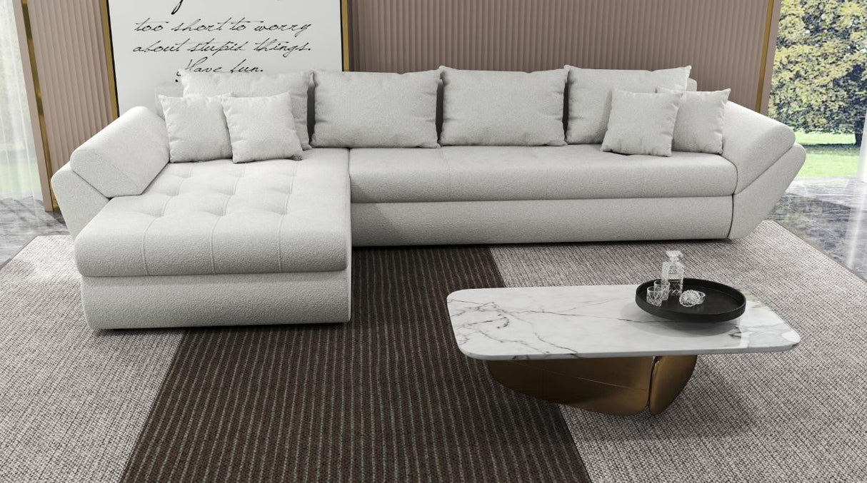 Colțar extensibil dumonde cu ladă de depozitare si sezut confortabil din spuma HR, Loana XL Euphoria Alb 335x185 cm Fabrica