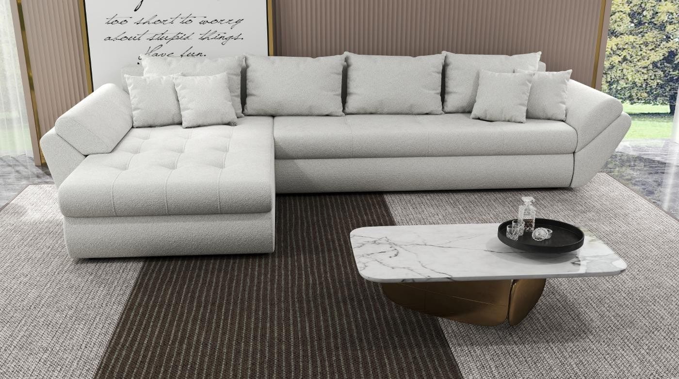 Colțar extensibil dumonde cu ladă de depozitare si sezut confortabil din spuma HR, Loana XL Euphoria Ivory 335x185 cm Fabrica