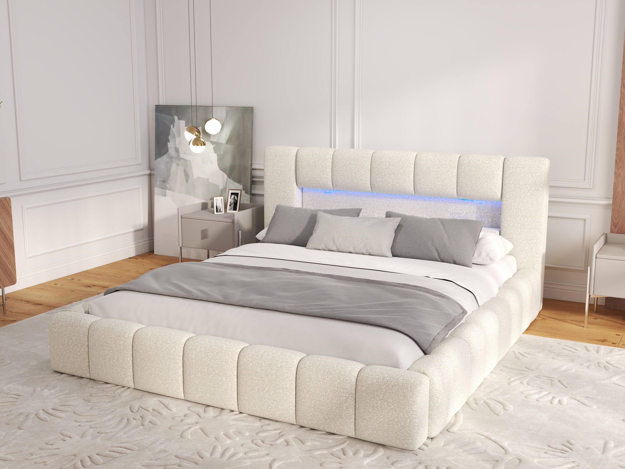 Pat dormitor dumonde, tapitat bej, Palermo 180x200 cm, somiera rabatabila inclusa, spatiu depozitare