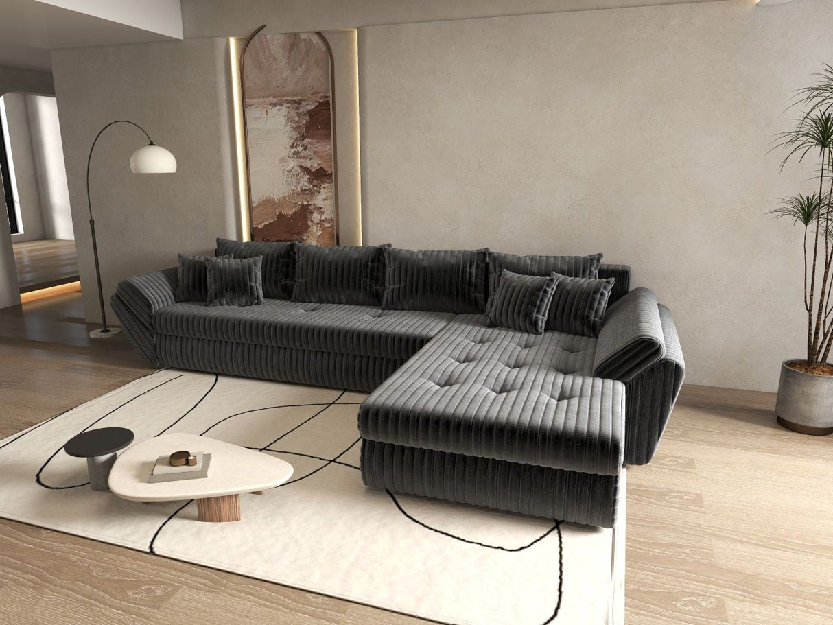 Colțar extensibil dumonde cu ladă de depozitare si sezut confortabil din spuma HR, Loana XL Ambience Gri II 335x185 cm Fabrica