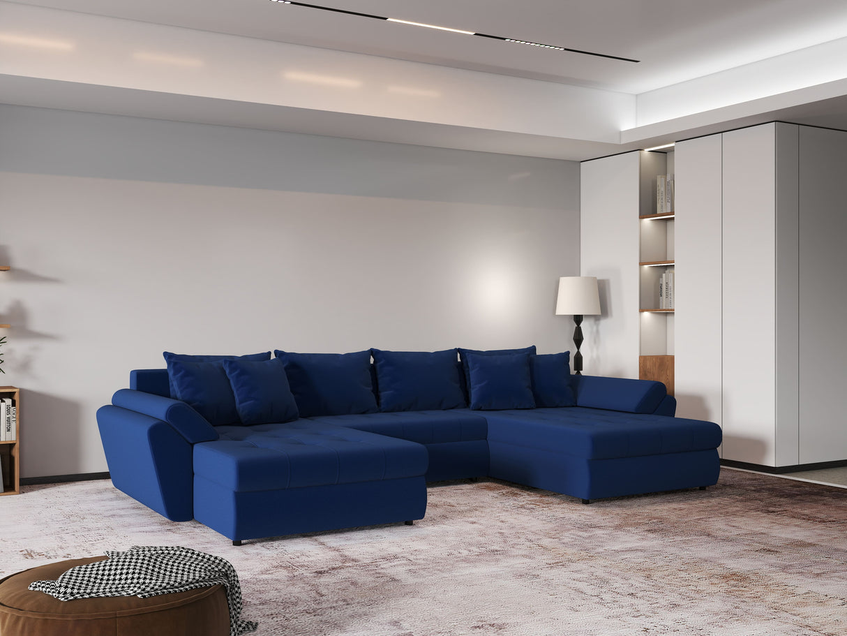 Colțar extensibil dumonde cu ladă de depozitare si sezut confortabil din spuma HR, Loana Royal Albastru U 355x185 cm Fabrica