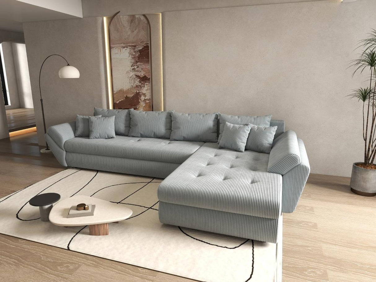 Colțar extensibil dumonde cu ladă de depozitare si sezut confortabil din spuma HR, Loana XL Zoom Mint II 335x185 cm Fabrica