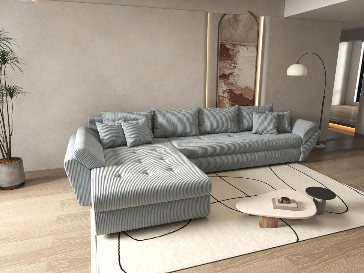 Colțar extensibil dumonde cu ladă de depozitare si sezut confortabil din spuma HR, Loana XL Zoom Gri 335x185 cm Fabrica