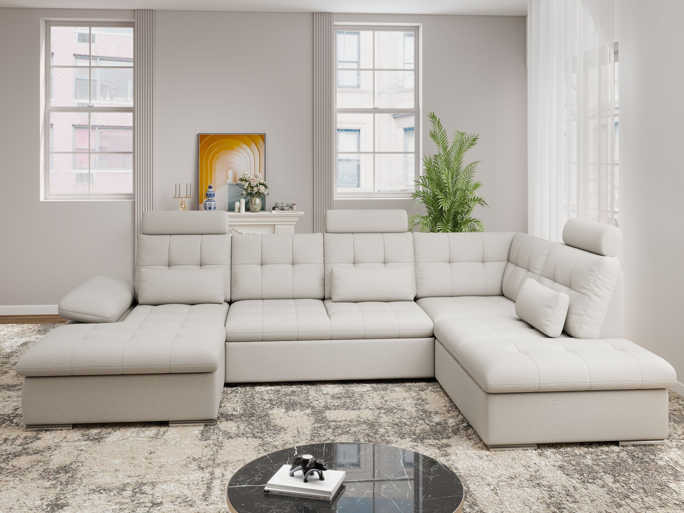 Colțar extensibil dumonde cu ladă de depozitare și șezut confortabil din spumă HR, Merkur U Enjoy Bej 324x218 cm