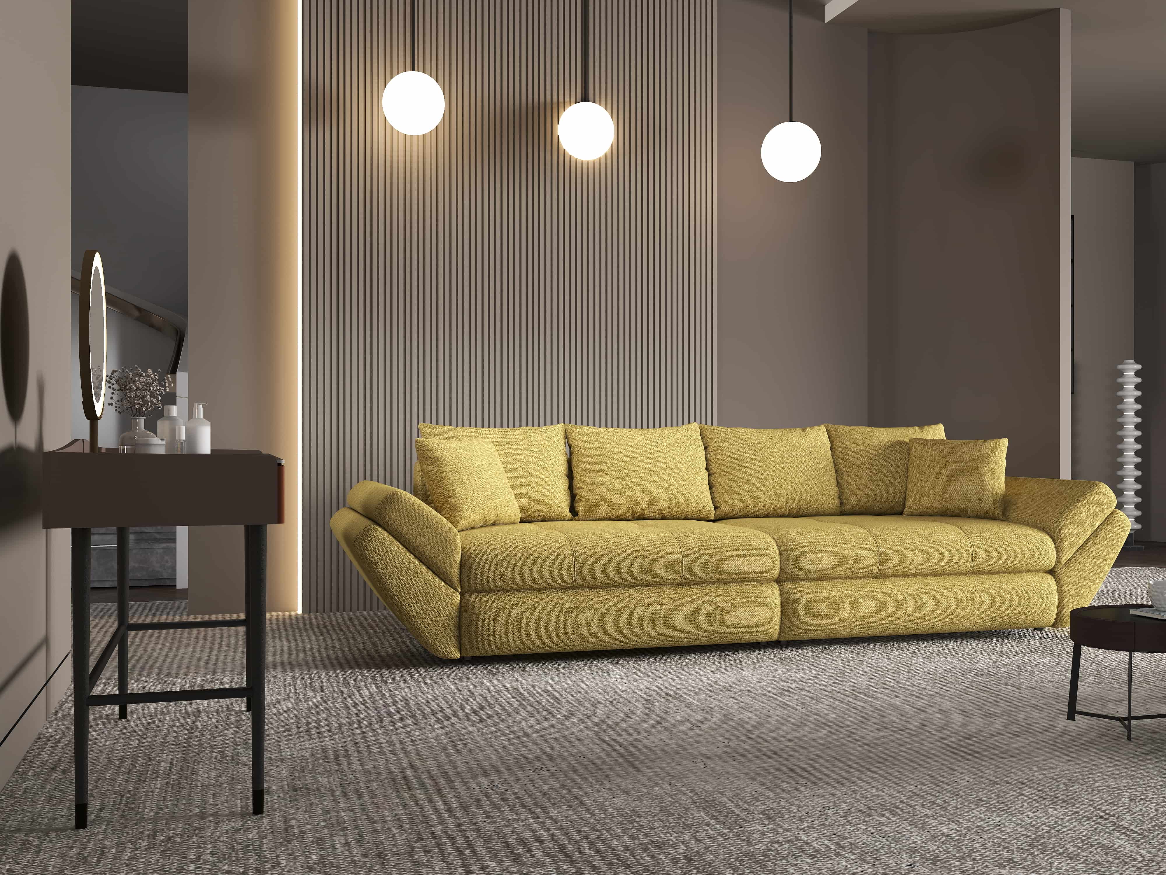 Canapea extensibilă dumonde cu ladă de depozitare si sezut confortabil din spuma HR, Loana Enjoy Melon 300x100 cm Fabrica