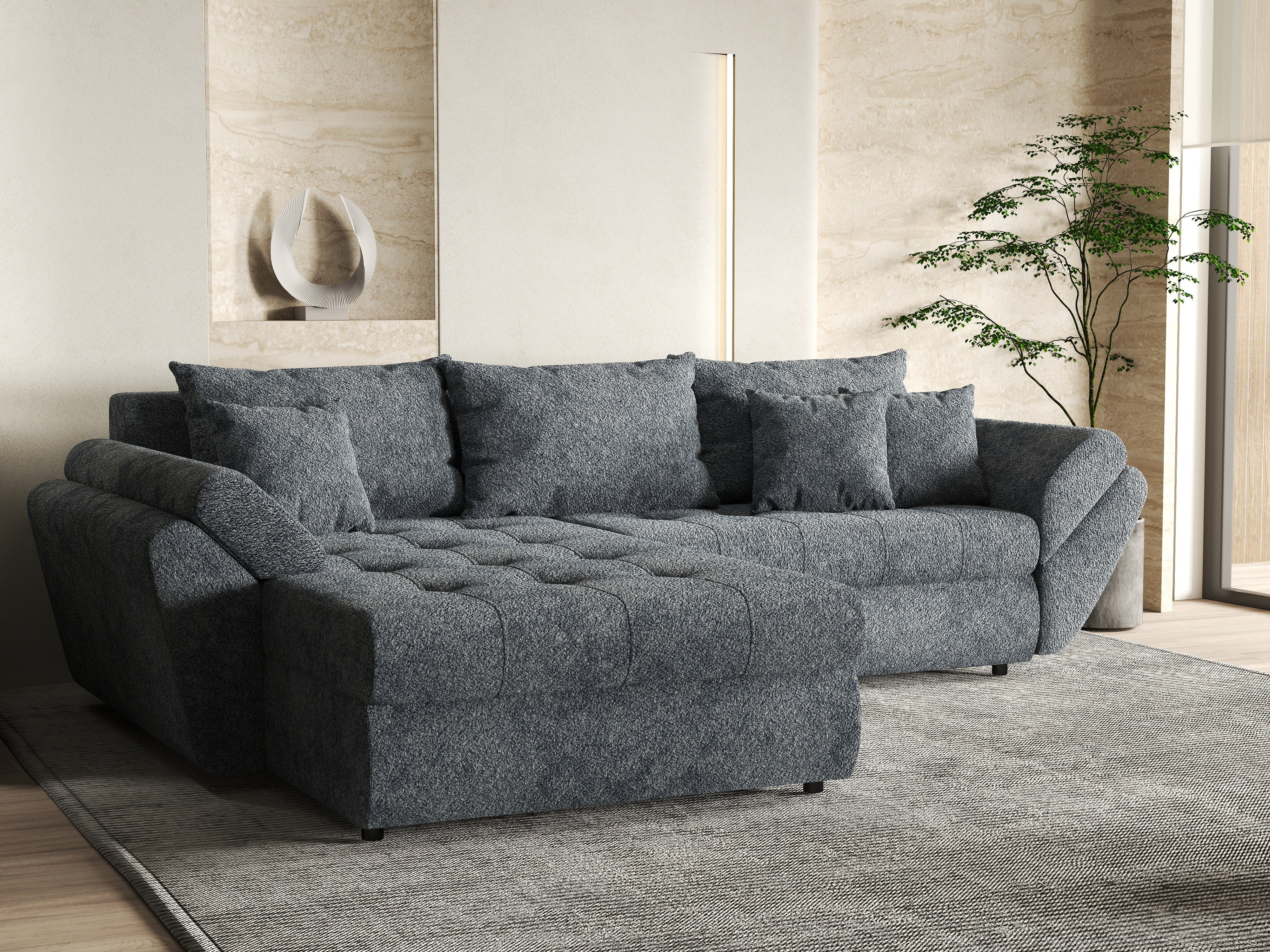 Colțar extensibil dumonde cu ladă de depozitare si sezut confortabil din spuma HR, Loana Euphoria Graphit 270x185 cm Fabrica
