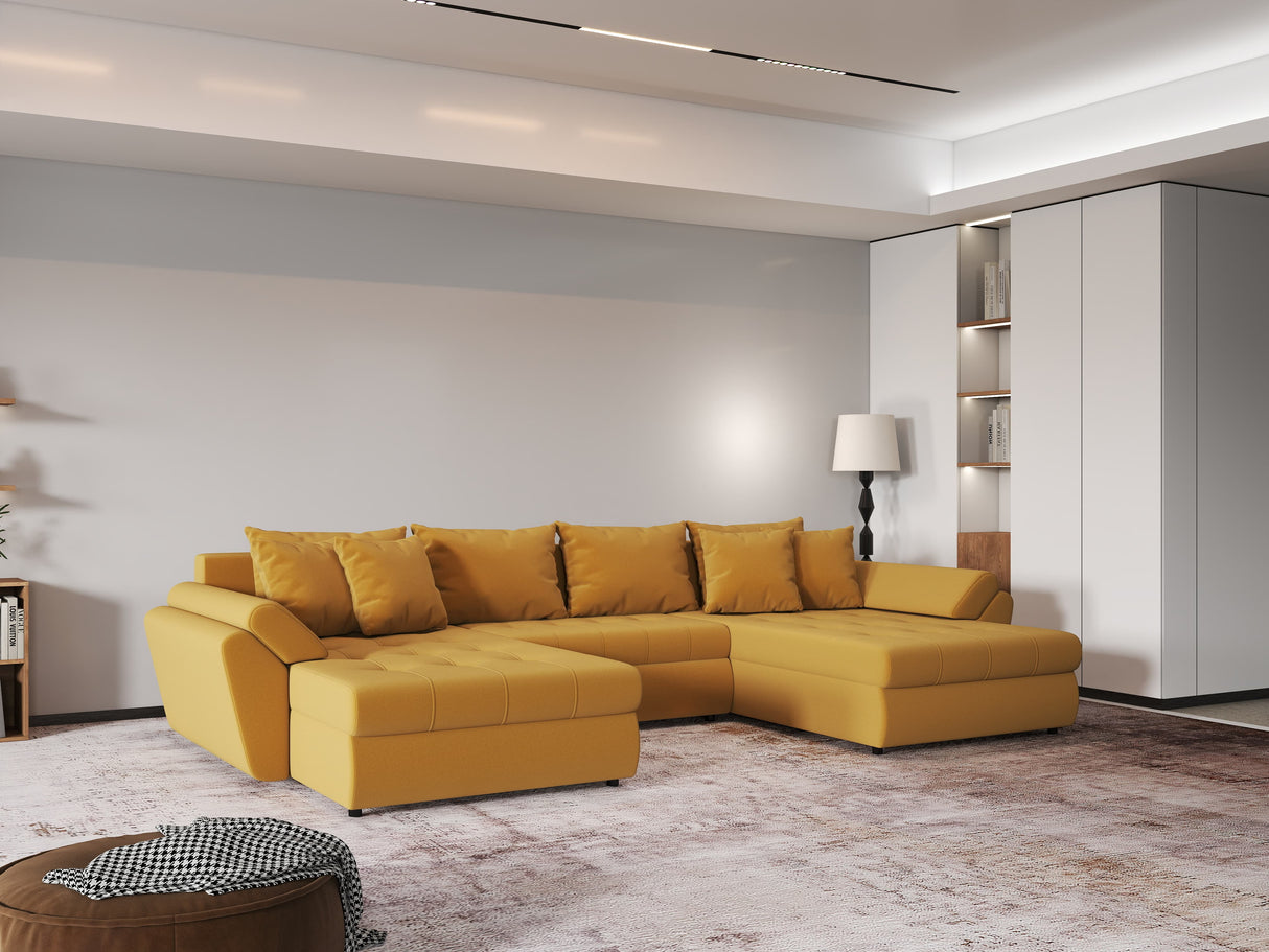 Colțar extensibil dumonde cu ladă de depozitare si sezut confortabil din spuma HR, Loana Royal Mustar U 355x185 cm Fabrica