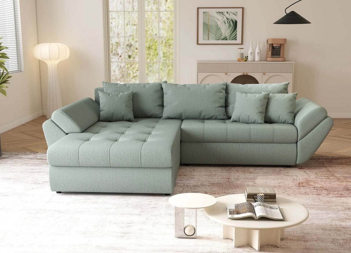 Colțar extensibil dumonde cu ladă de depozitare si sezut confortabil din spuma HR, Loana Mint 270x185 cm Fabrica
