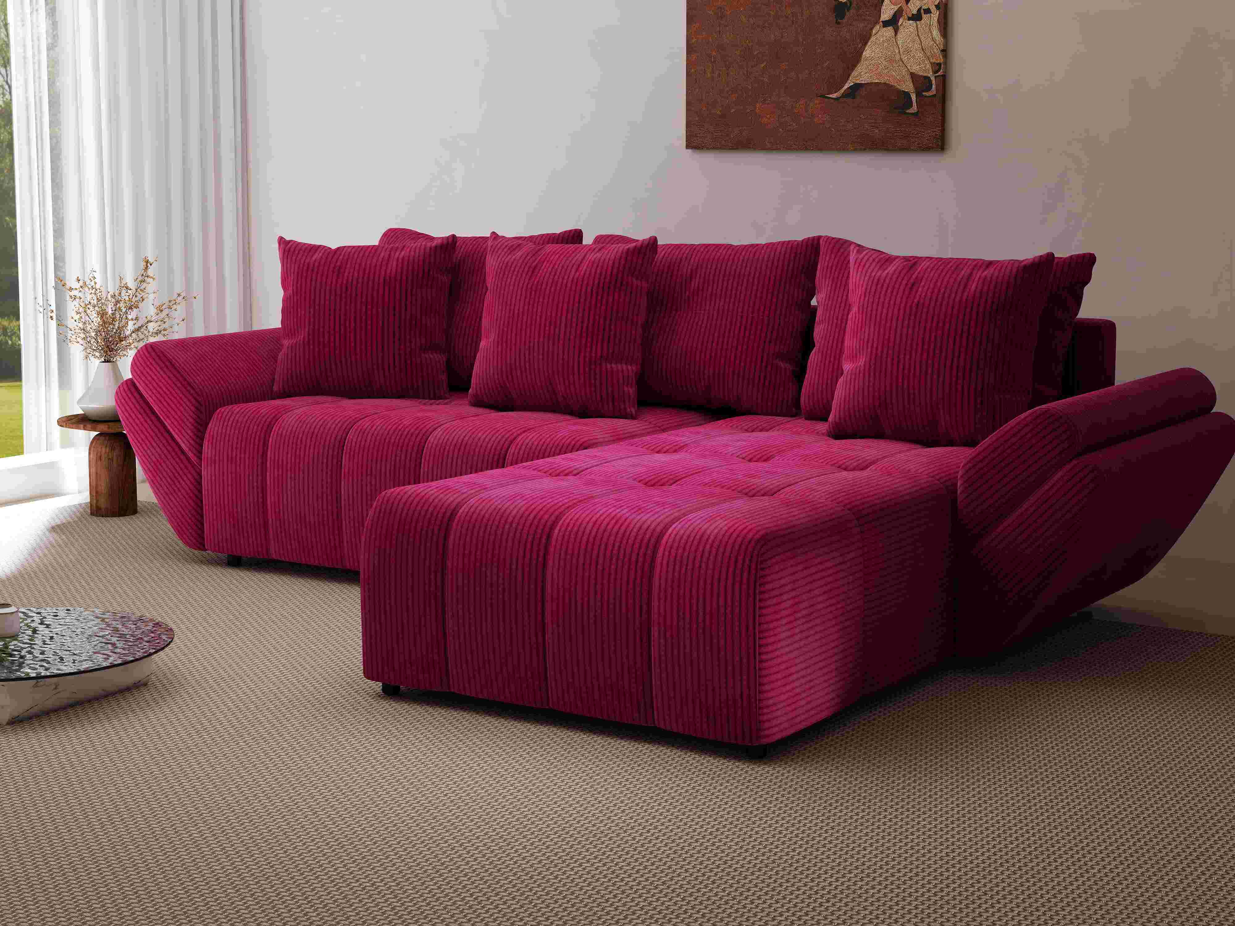 Colțar extensibil dumonde cu ladă de depozitare si sezut confortabil din spuma HR, Berlin Zoom Bordeaux 280x185 cm II Fabrica