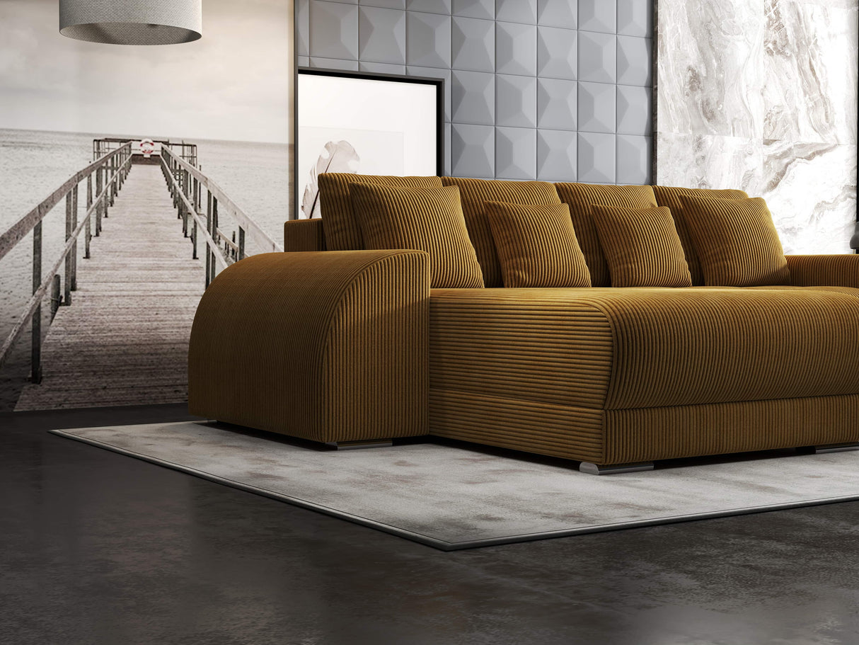Colțar extensibil dumonde cu ladă de depozitare si sezut confortabil din spuma HR, Verona Zoom Mustar 290x185 cm Fabrica