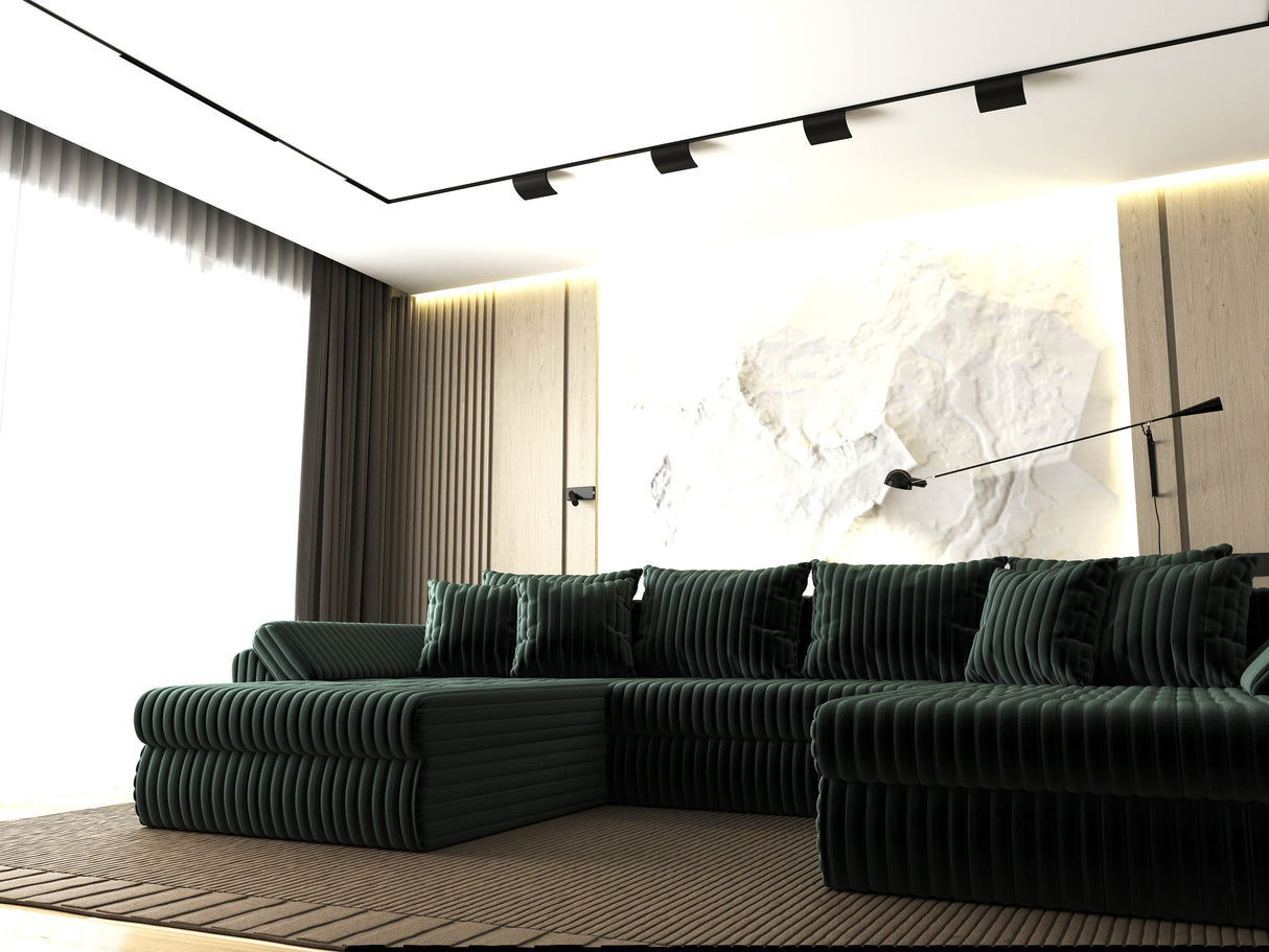 Colțar extensibil dumonde cu ladă de depozitare si sezut confortabil din spuma HR, Loana U Verde Ambience 355x185 cm Fabrica
