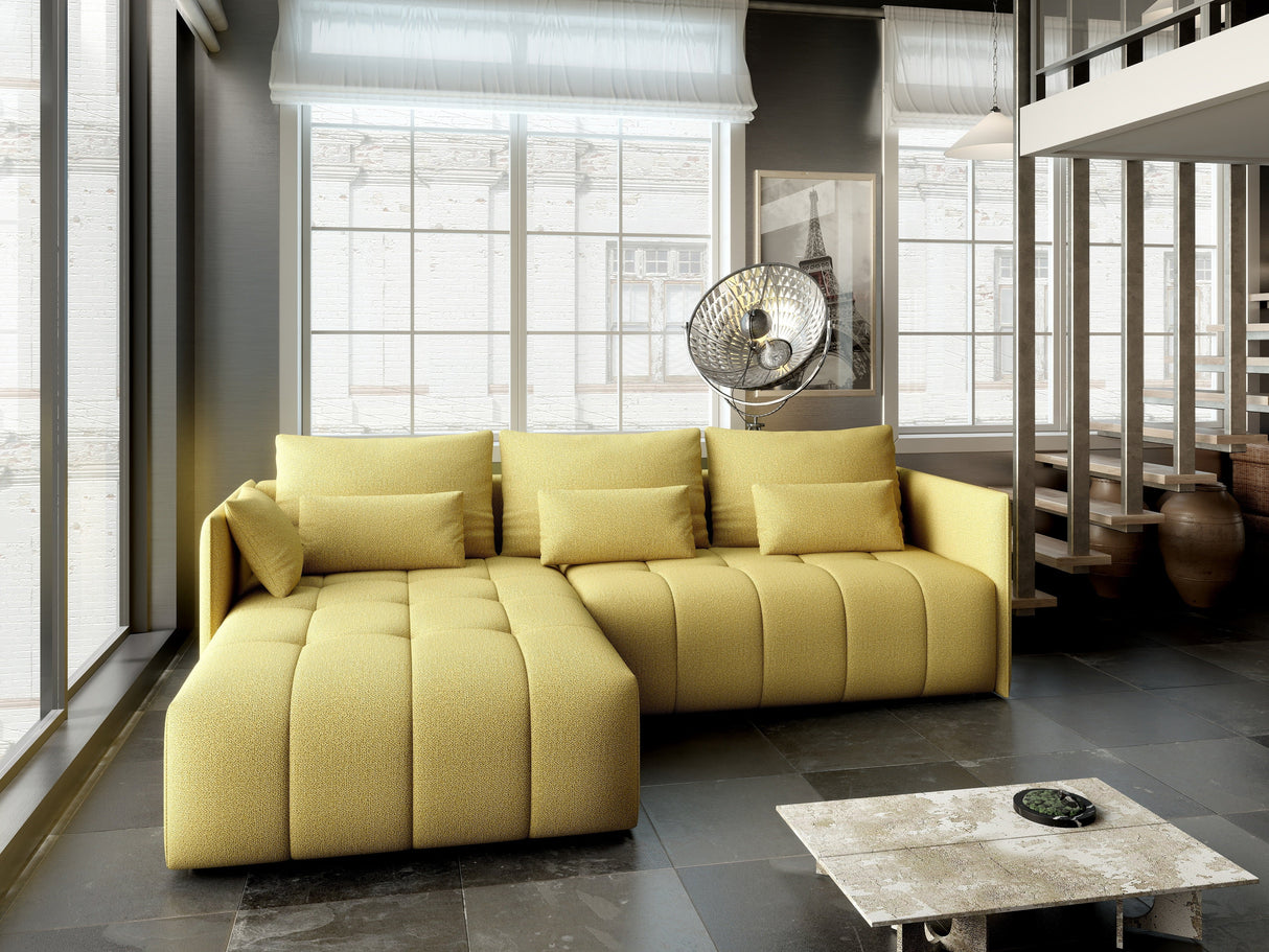 Colțar extensibil dumonde cu ladă de depozitare si sezut confortabil din spuma HR, Malta Galben 235x185 cm Fabrica