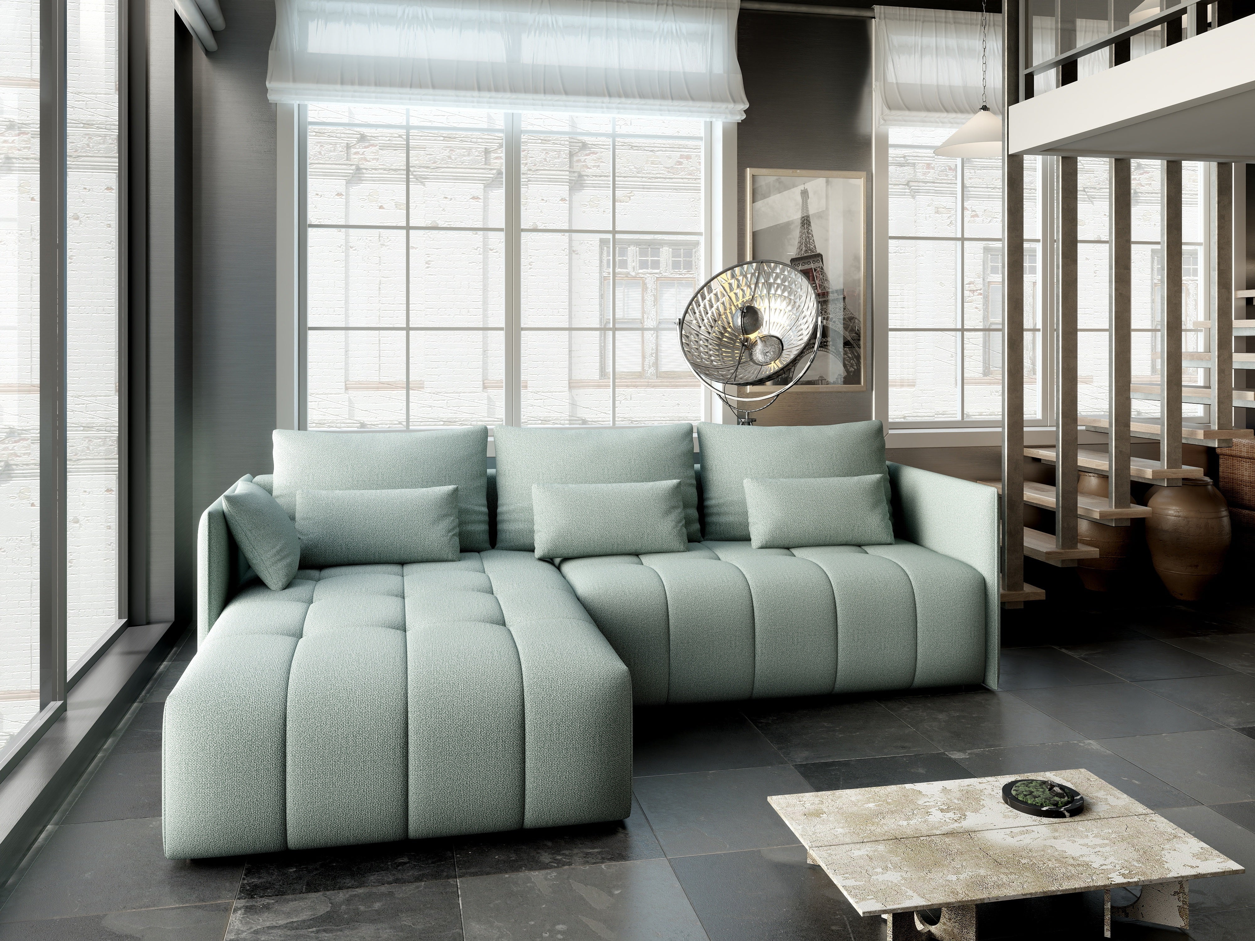 Colțar extensibil dumonde cu ladă de depozitare si sezut confortabil din spuma HR, Malta Mint 235x185 cm Fabrica