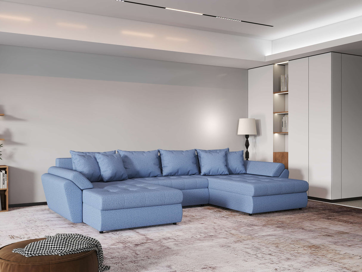Colțar extensibil  dumonde cu ladă de depozitare si sezut confortabil din spuma HR, Loana Blue U 355x185 cm Fabrica