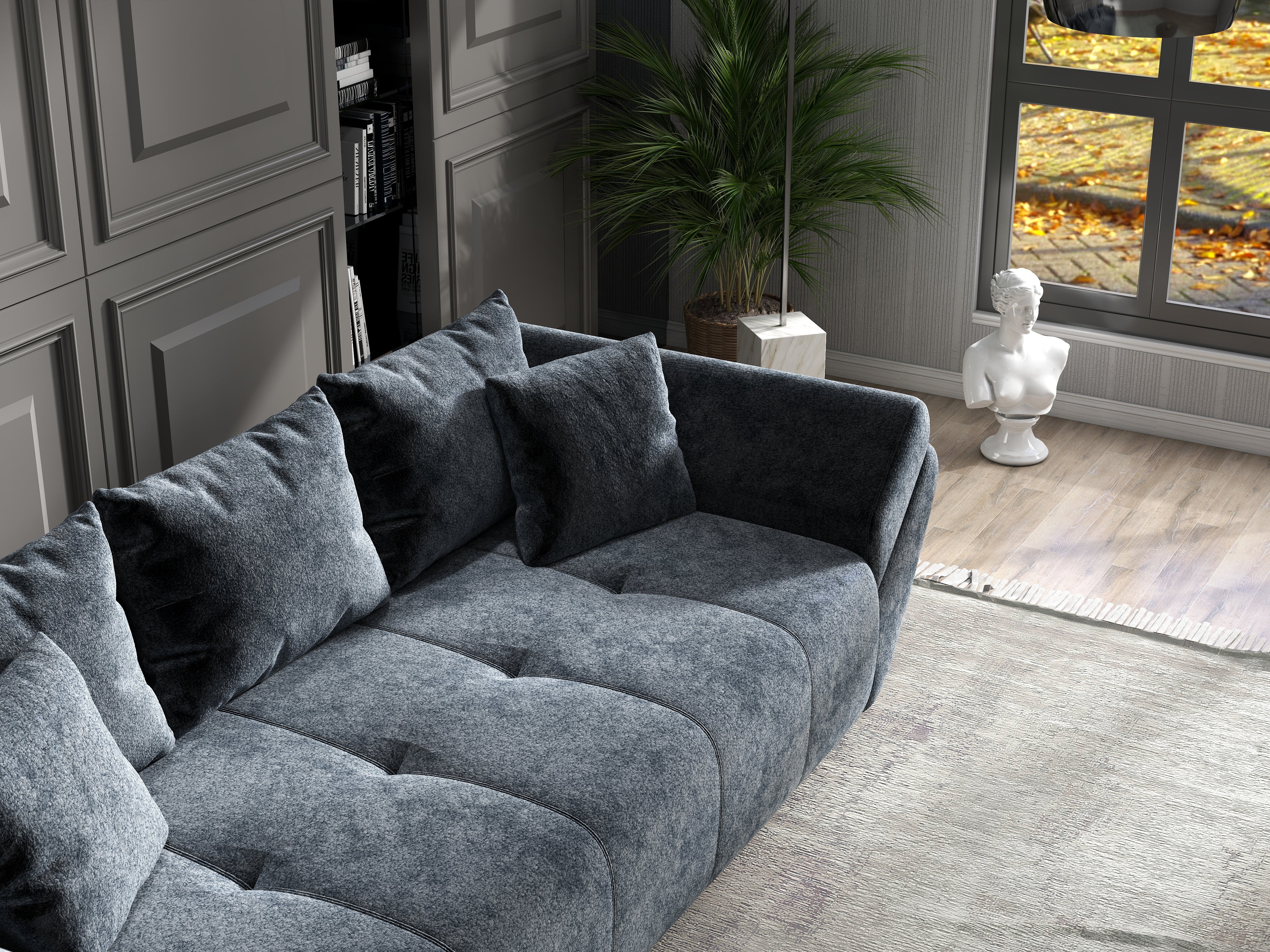 Canapea extensibilă dumonde cu ladă de depozitare si sezut confortabil din spuma HR, Berlin Euphoria Grafit 250x100 cm Fabrica