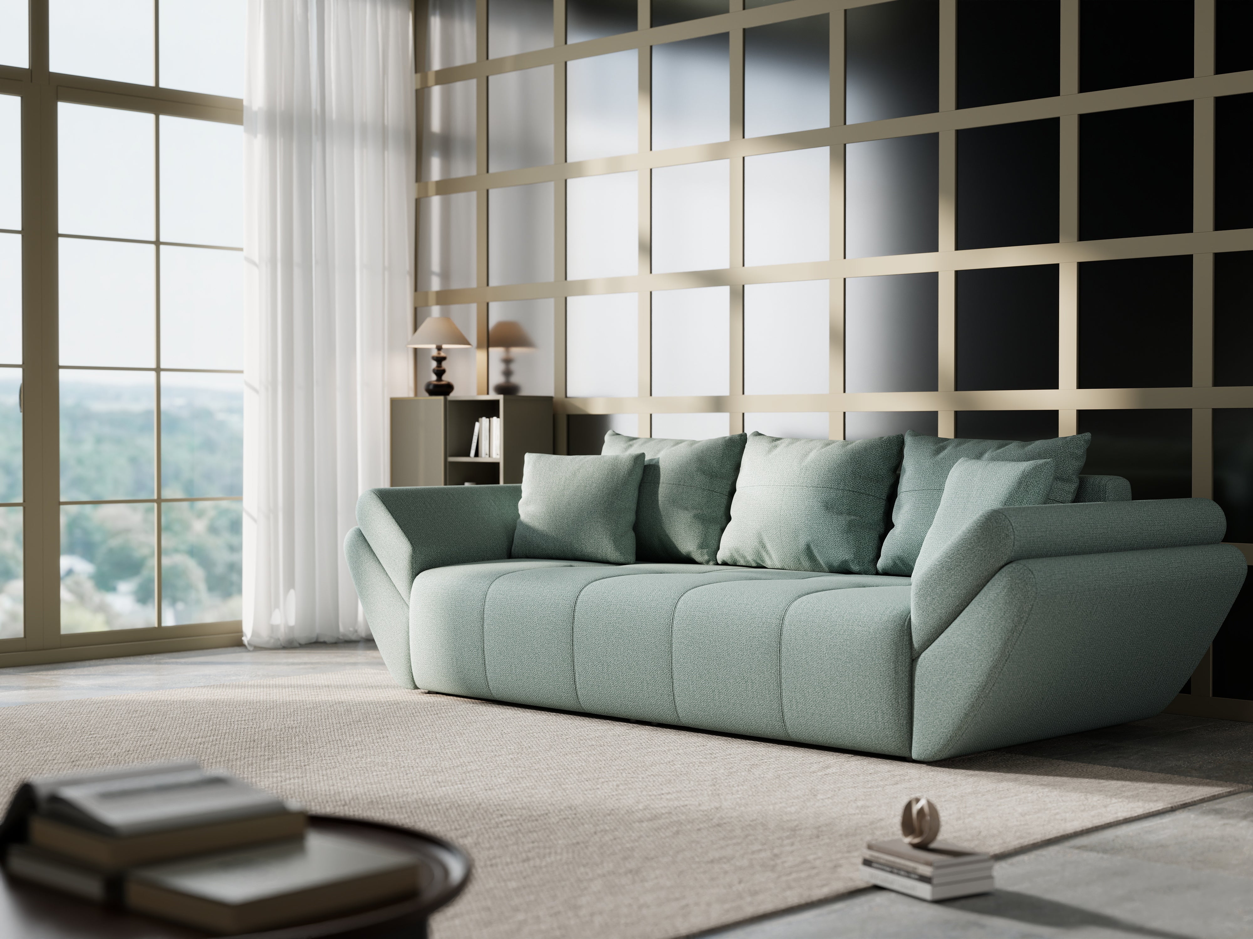 Canapea extensibilă dumonde cu ladă de depozitare si sezut confortabil din spuma HR, Berlin Mint 250x100 cm Fabrica