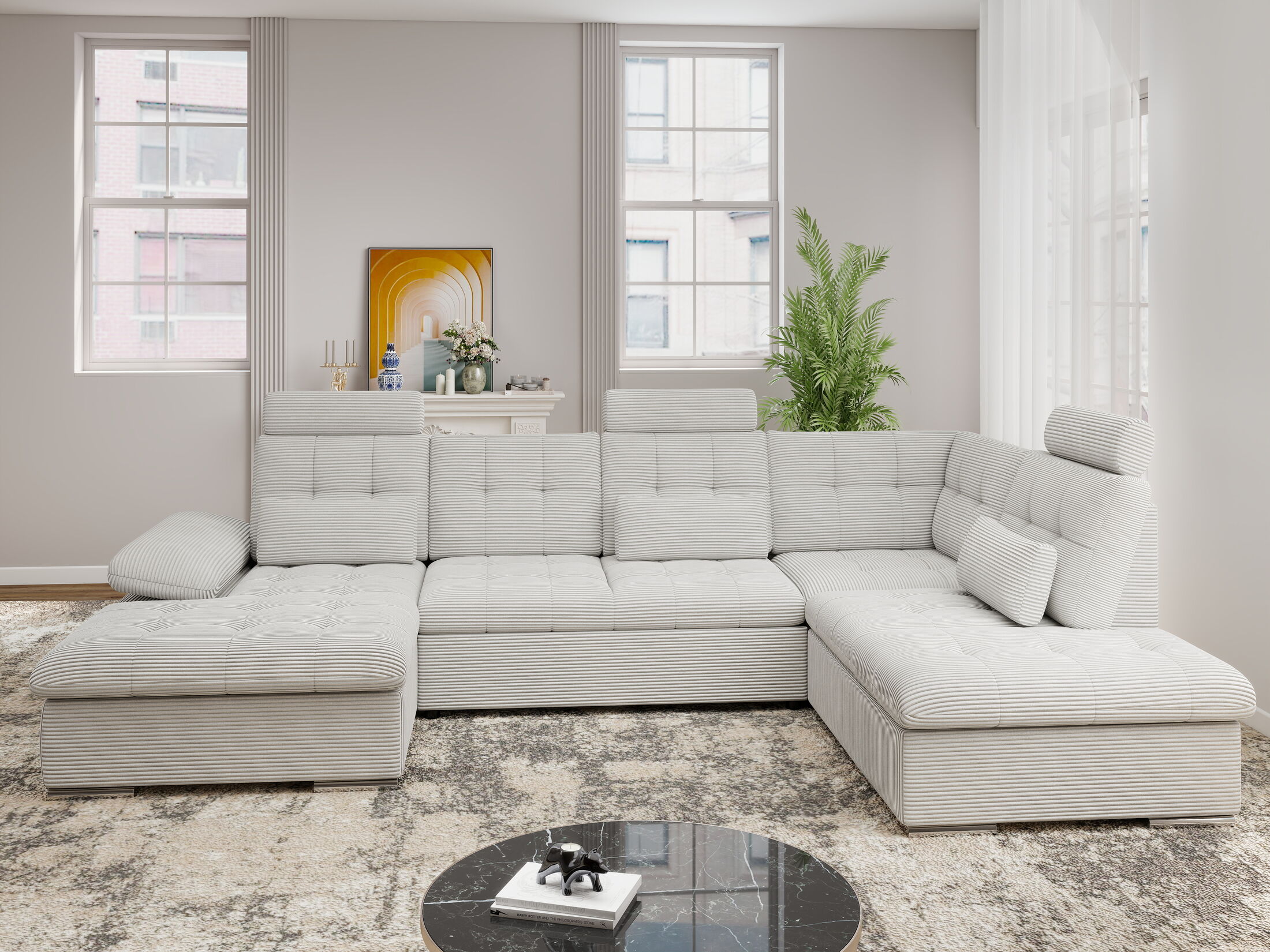 Colțar extensibil dumonde cu ladă de depozitare și șezut confortabil din spumă HR, Merkur U Zoom Gri 324x218 cm