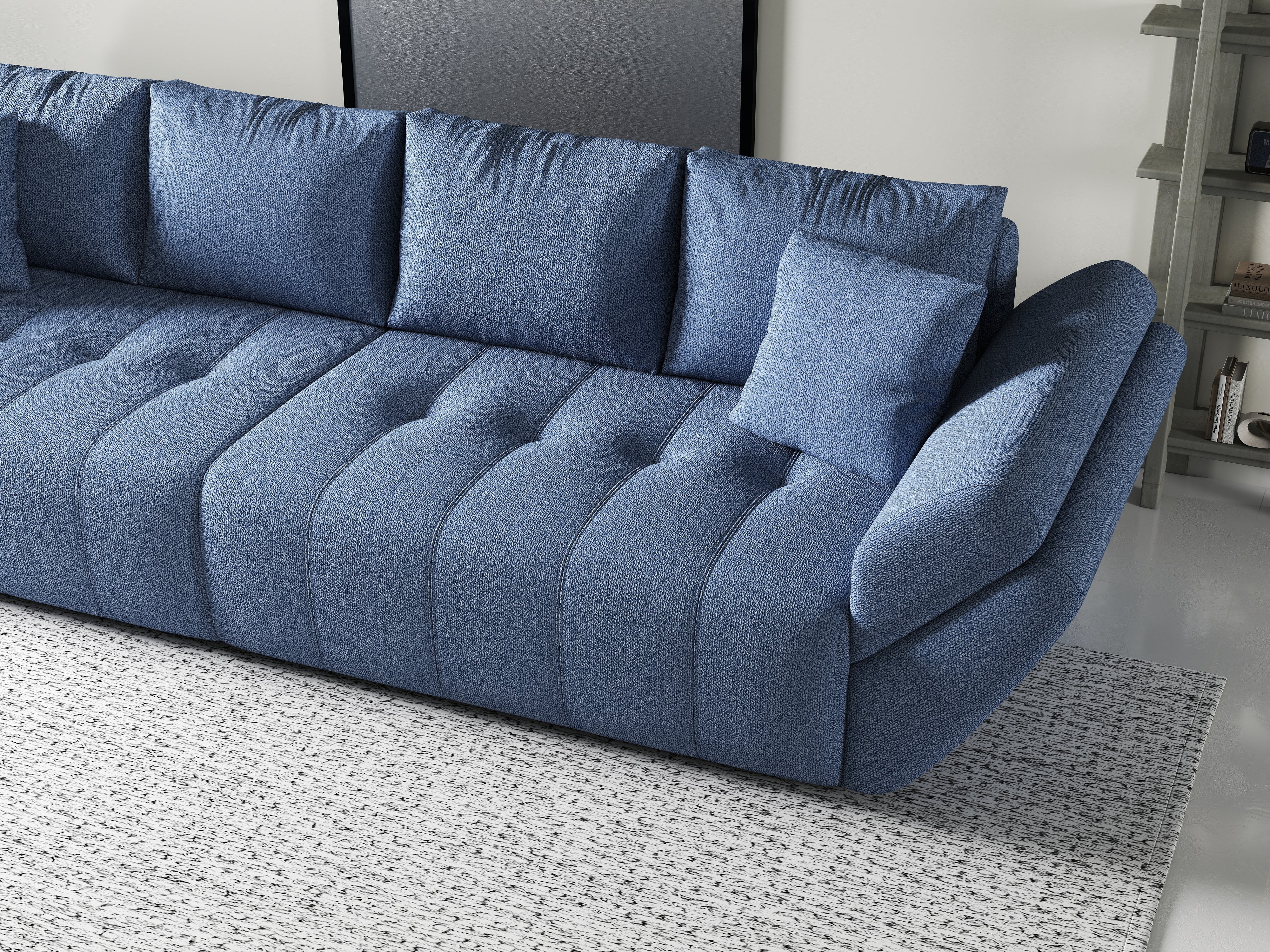 Canapea extensibilă dumonde cu ladă de depozitare si sezut confortabil din spuma HR, Berlin Blue 300x100 cm Fabrica