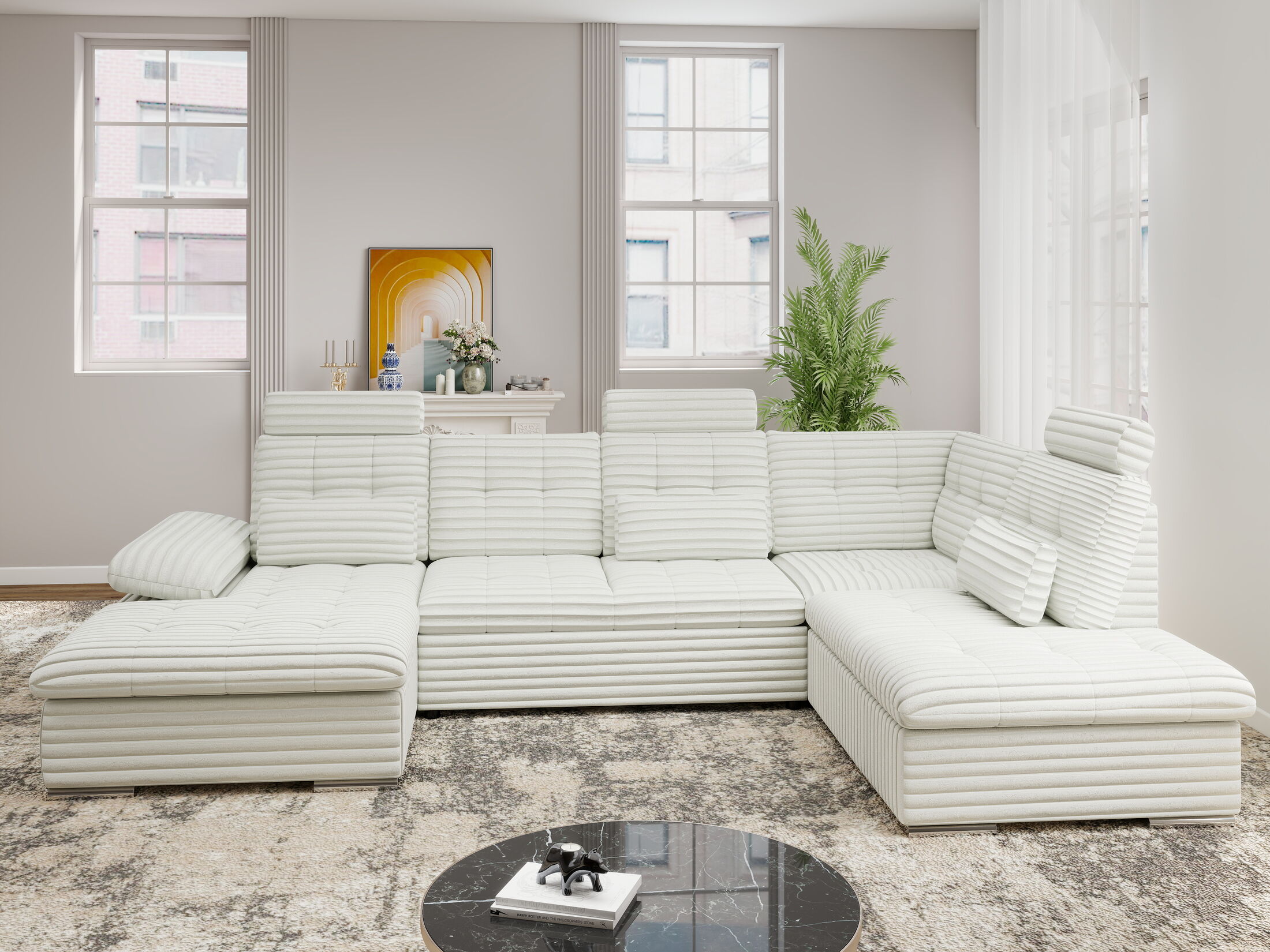 Colțar extensibil dumonde cu ladă de depozitare și șezut confortabil din spumă HR, Merkur U Ambience Alb 324x218 cm