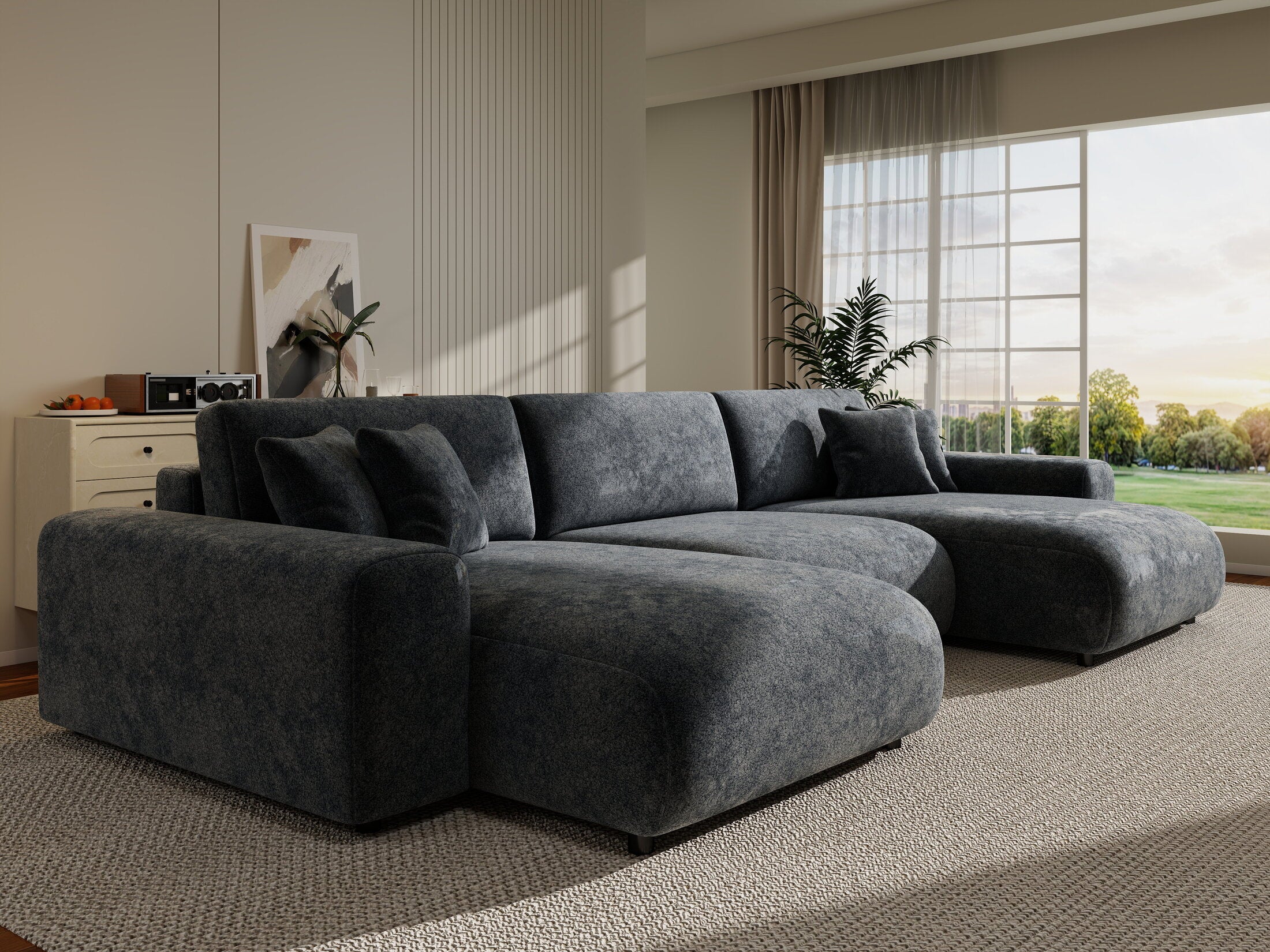 Colțar extensibil dumonde cu ladă de depozitare si sezut confortabil din spuma HR, Sarina U Euphoria Gri Grafit 350x168 cm