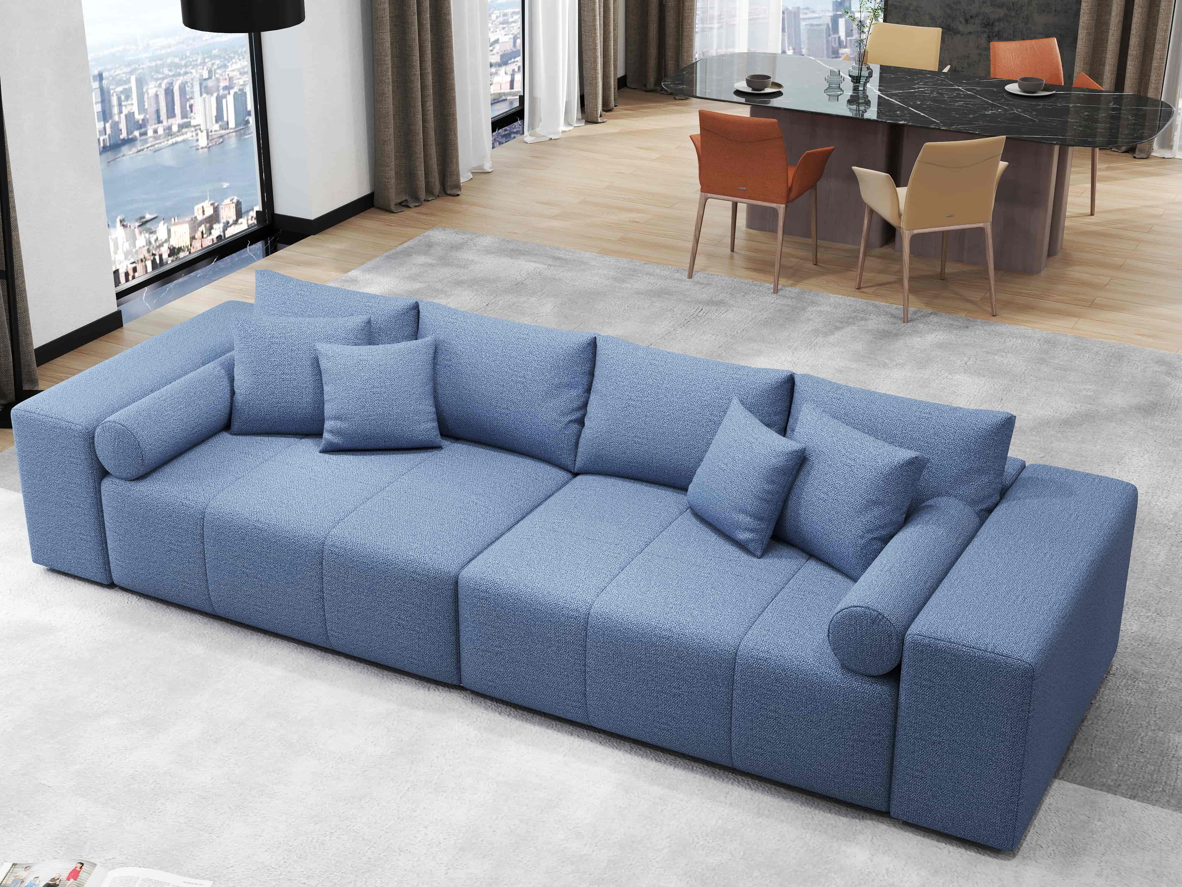 Canapea extensibilă dumonde cu ladă de depozitare si sezut confortabil din spuma HR, Marbela Enjoy Lux Blue XXL 295x100 cm fabrica