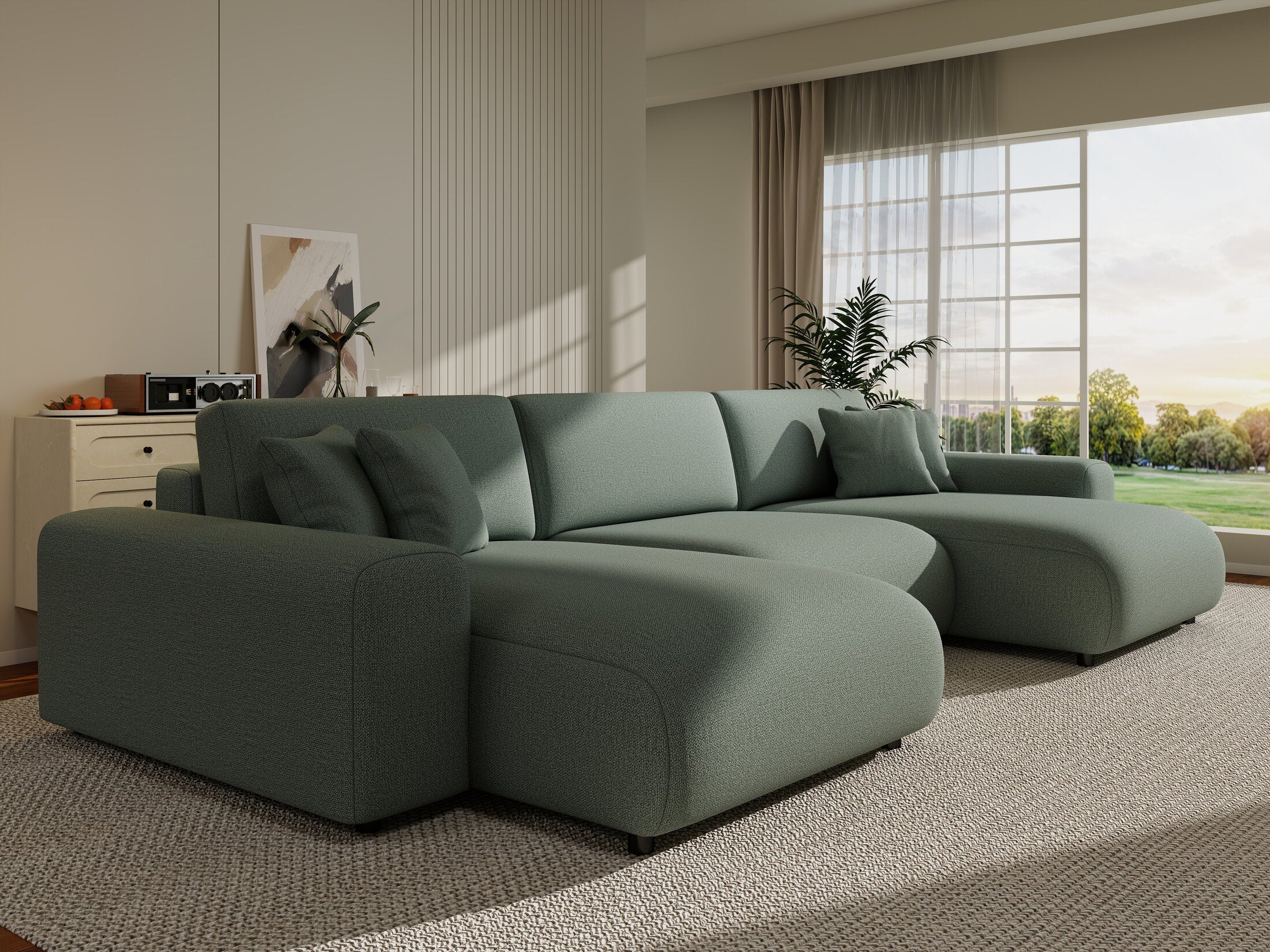 Colțar extensibil dumonde cu ladă de depozitare si sezut confortabil din spuma HR, Sarina U Enjoy Verde Mint 350x168 cm