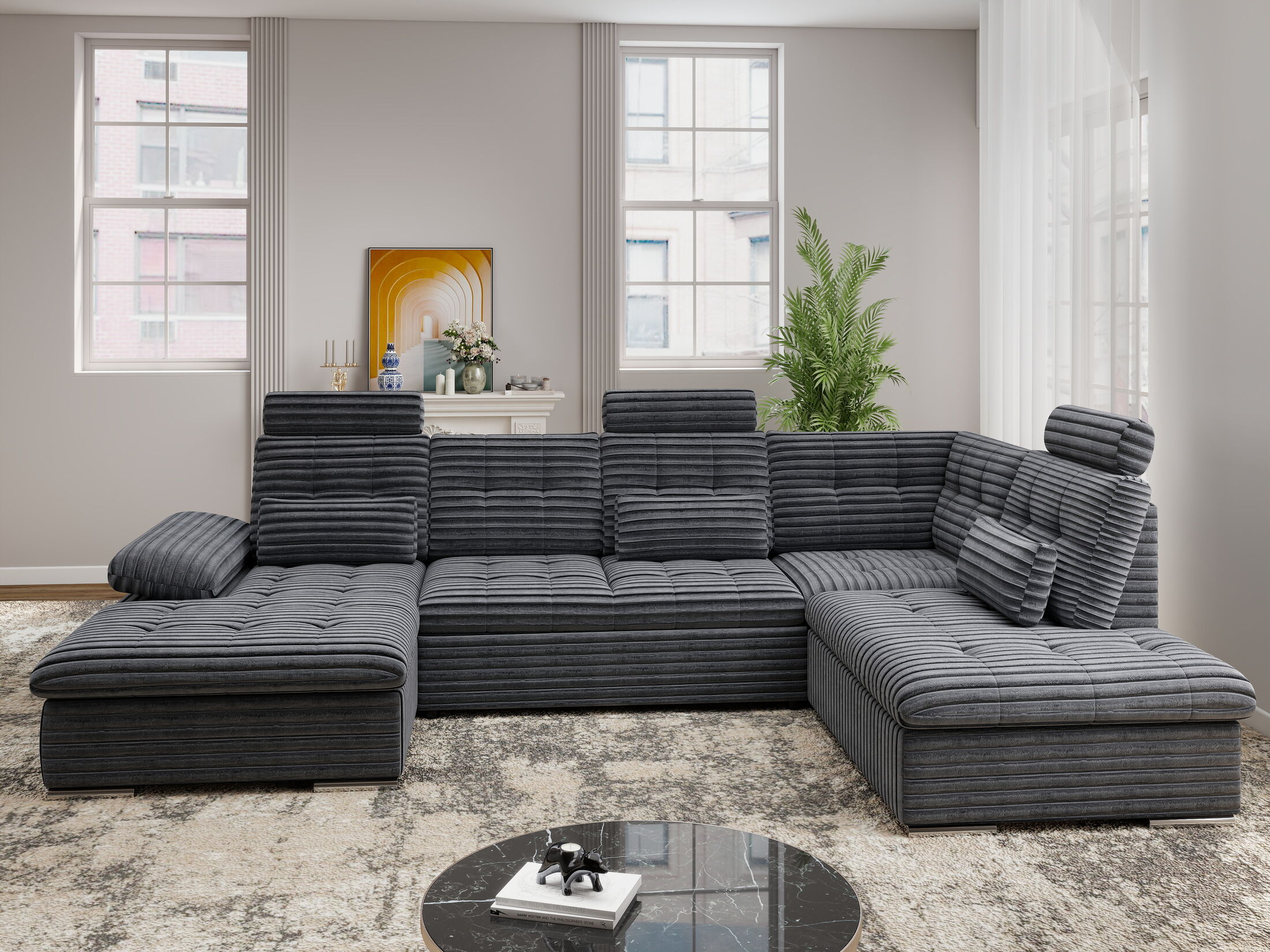 Colțar extensibil dumonde cu ladă de depozitare și șezut confortabil din spumă HR, Merkur U Ambience Gri 324x218 cm