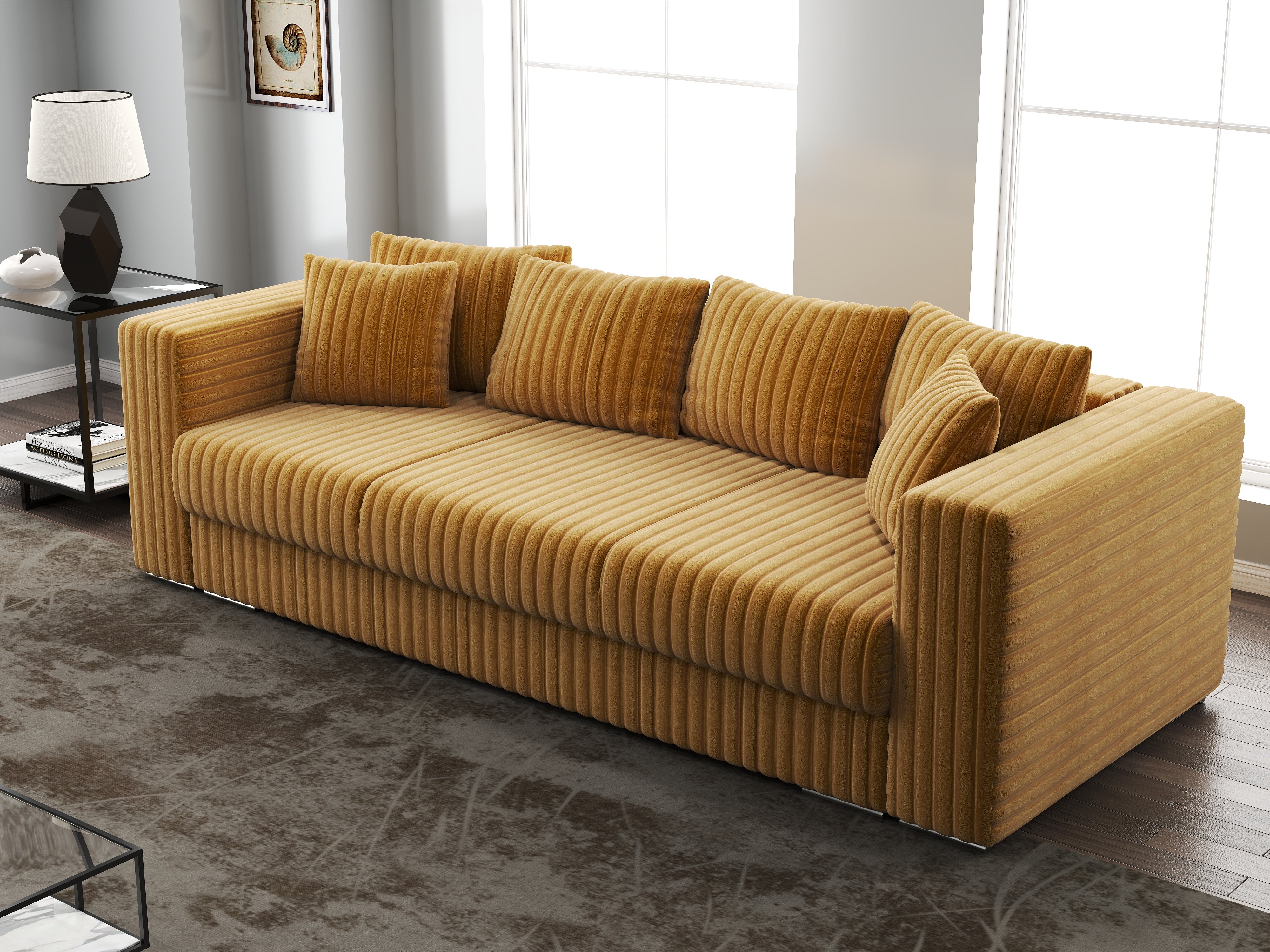 Canapea extensibilă dumonde cu ladă de depozitare si sezut confortabil din spuma HR, Gloria Ambience Mustar 240x100 cm Fabrica
