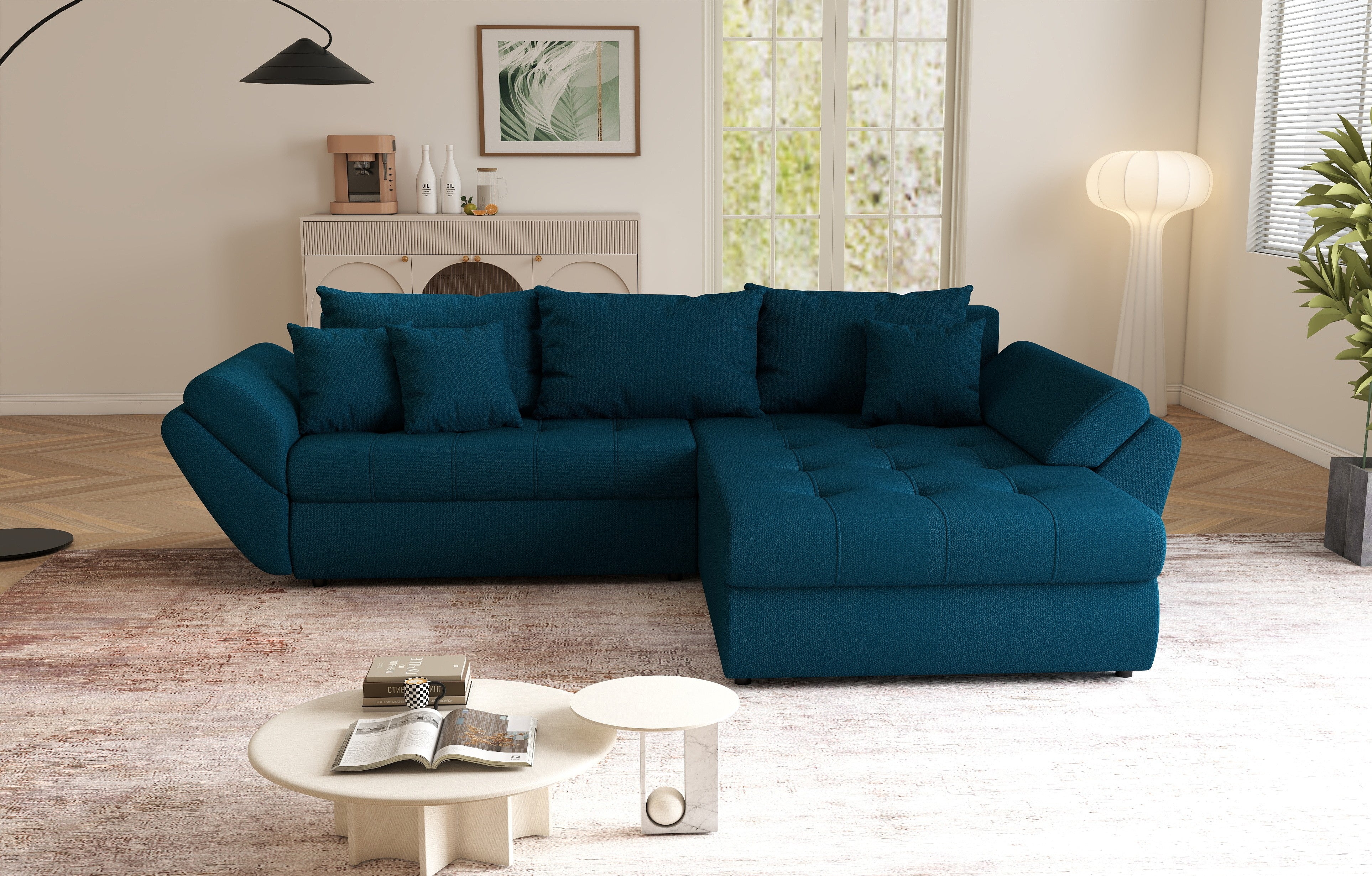 Colțar extensibil dumonde cu ladă de depozitare si sezut confortabil din spuma HR, Loana Petrol Green II 270x185 cm Fabrica