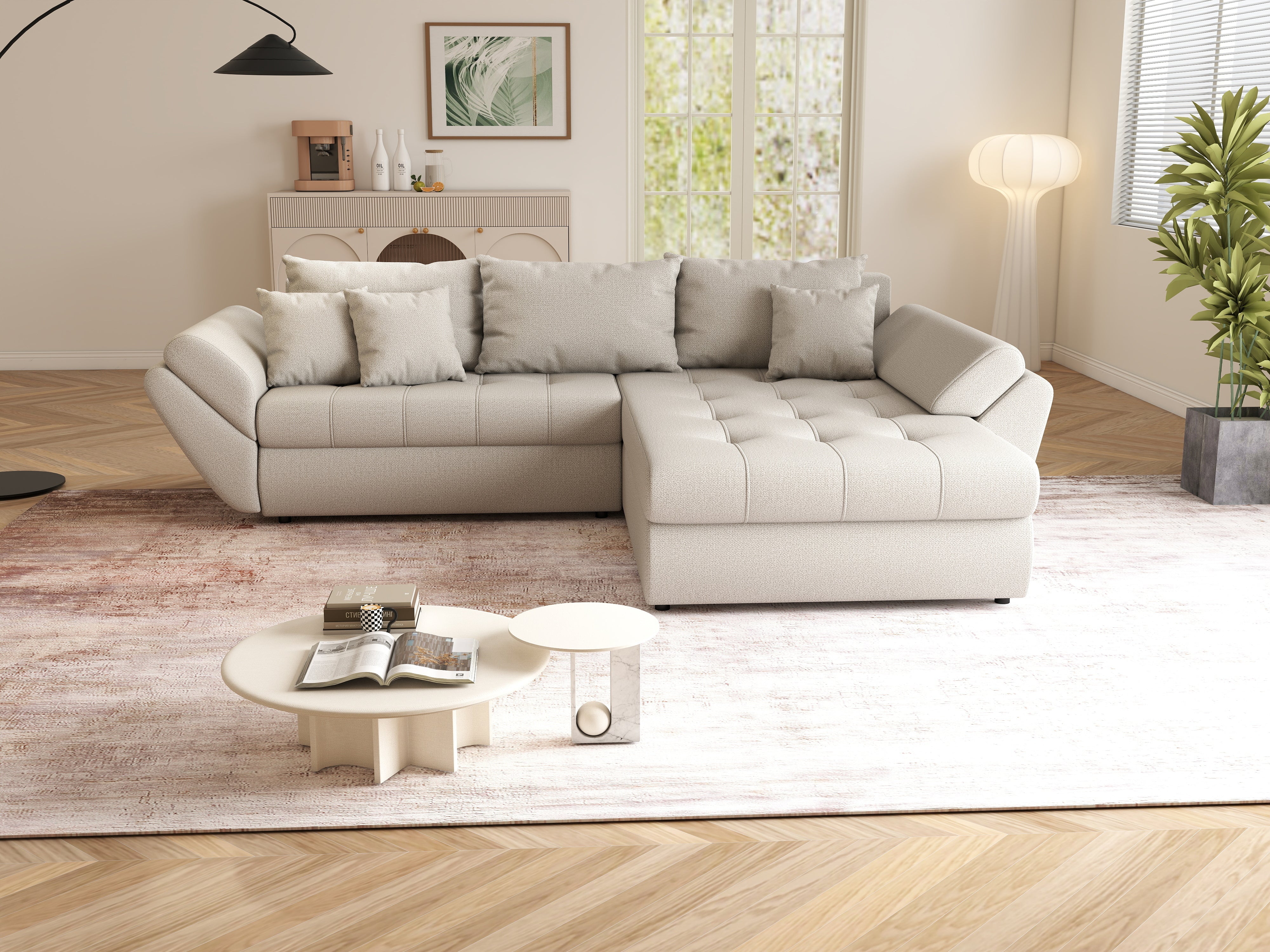 Colțar extensibil dumonde cu ladă de depozitare si sezut confortabil din spuma HR, Loana Bej II 270x185 cm Fabrica